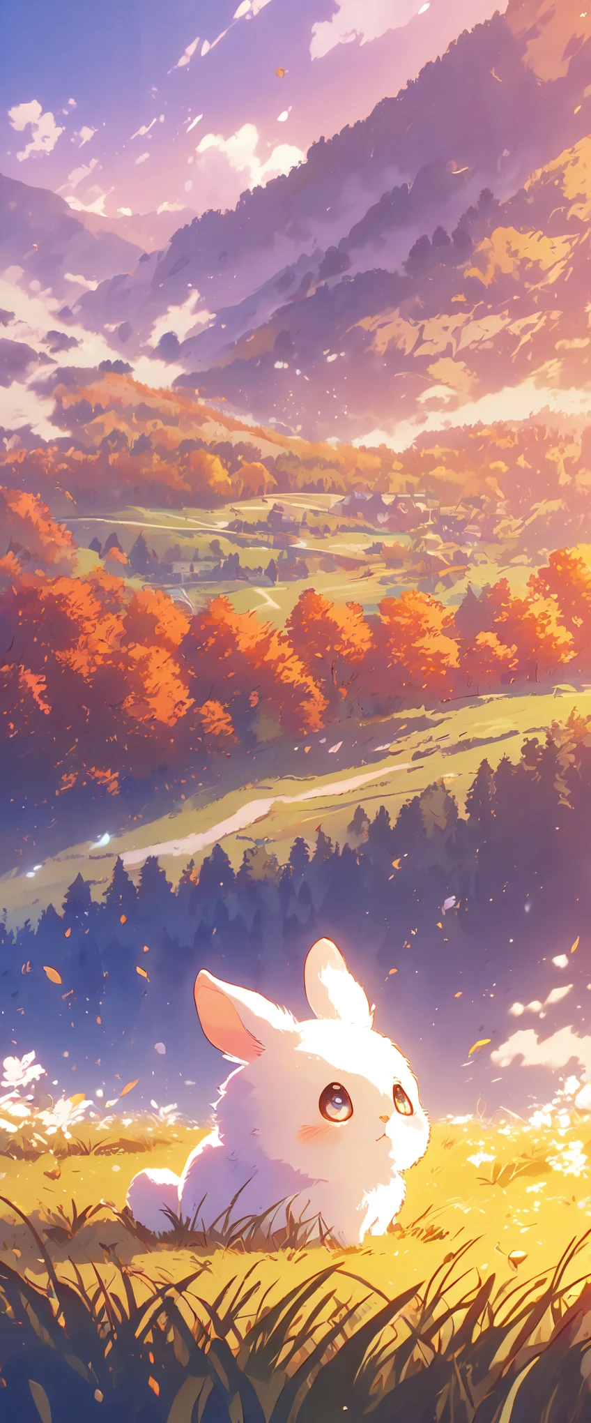 Create a close-up, animated illustration of a fluffy baby bunny sitting in a field . Emphasize the soft fur, big eyes, and twitching nose of the bunny. The background should be a gentle, highlighting the cuteness and innocence of the baby bunny, by makoto shinkai, anime beautiful peace scene, beautiful anime scene, anime background art, anime landscape wallpaper, anime countryside landscape, anime art wallpaper 4 k , anime art wallpaper 4k, beautiful anime scenery, anime art wallpaper 8 k, amazing wallpaper , Ultrawide cozy, Autumn , Fall, Forest