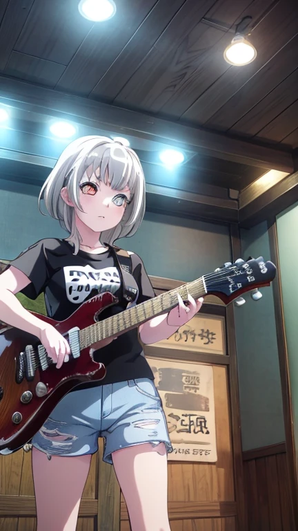 Best Quality,High image quality,Anatomically correct, ultra detailed,Elaborate,anime,8k,One Girl,beautiful girl,Old Japanese house background,Light grey hair,Heterochromia iridis,Golden right eye,Silver left eye,T-Shirts,Denim shorts,I have an electric guitar,Looking forward,Hand Repair