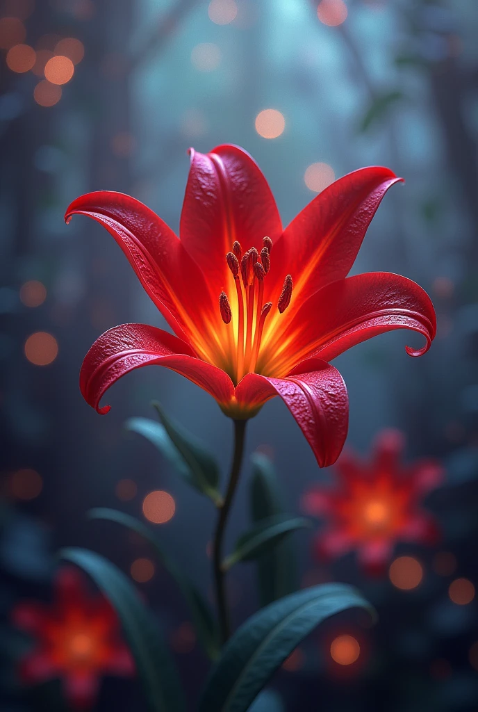 crimson lily, background spiral random change iridescent color