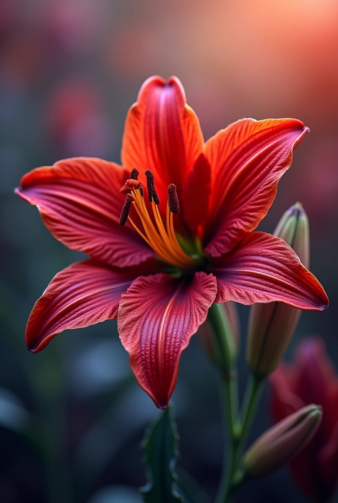 crimson lily, background spiral random change iridescent color