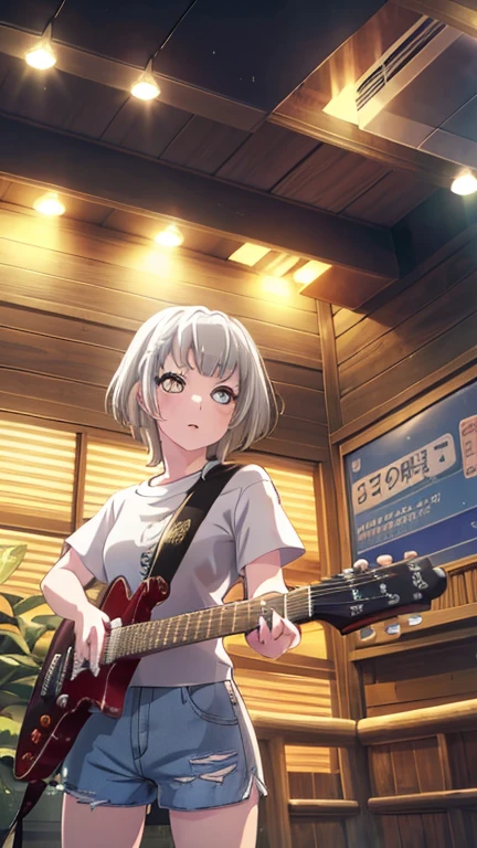 Best Quality,High image quality,Anatomically correct,anime,8k,One Girl,beautiful girl,Old Japanese house background,Light grey hair,Heterochromia iridis,Golden right eye,Silver left eye,T-Shirts,Denim shorts,I have an electric guitar,Looking forward,Hand Repair