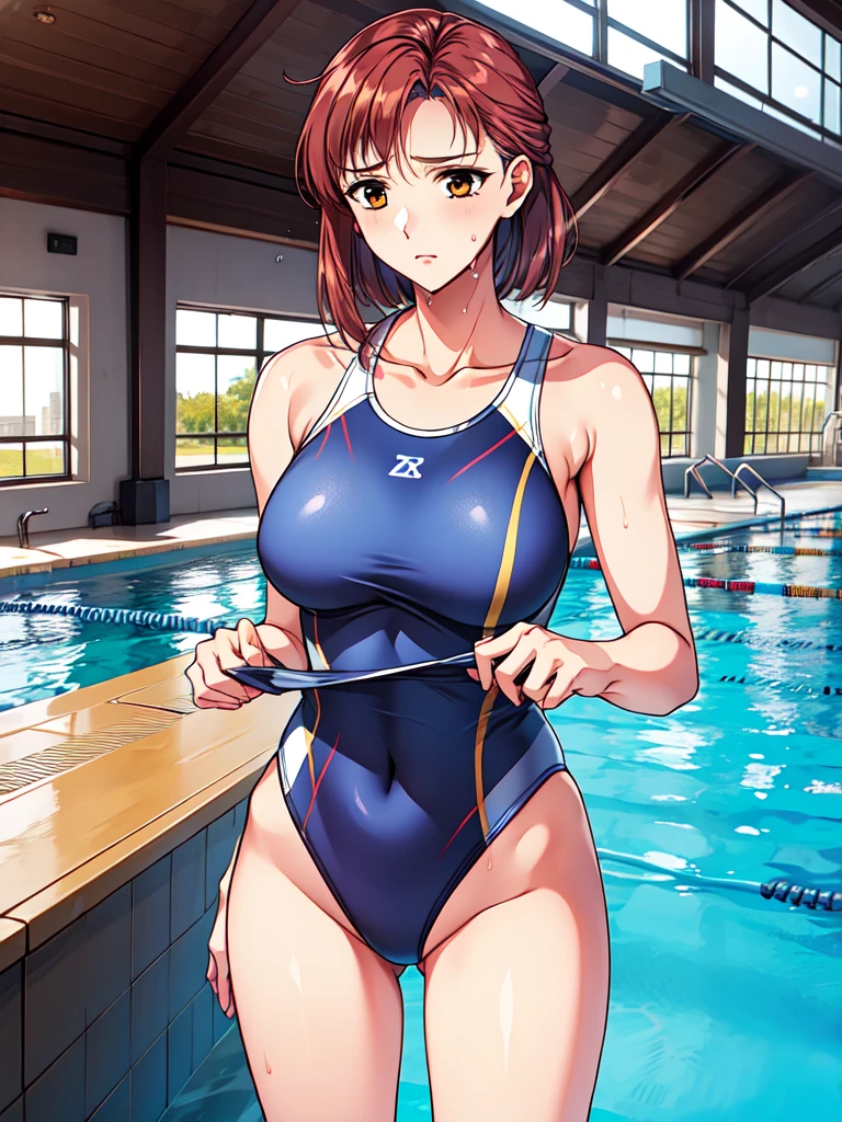 Marie Shiina (Lamentation and) / Shiina Marie (Lament and), masterpiece, best quality, a beautiful athlete woman in blue and red swim suit walking on poolside of indoor, 1girl, pool, swimsuit, one-piece swimsuit, competition swimsuit, Alone, breasts, competition pool, poolside, pool ladder, water, indoor, sweat, wet hair, high-leg competition swimsuit,