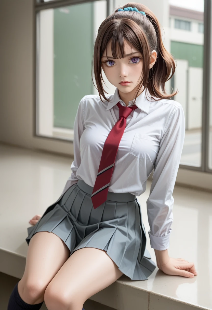 yada toka, brown hair, high ponytail, purple eyes, red scrunchie, tokaschool, white shirt, collared shirt, long sleeves, necktie, grey skirt, pleated skirt, kneehighs, black shoes, blue scrunchie