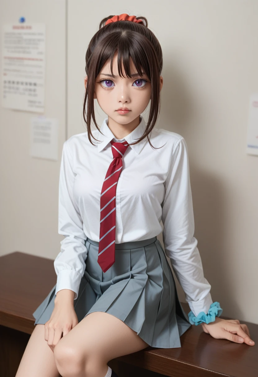 yada toka, brown hair, high ponytail, purple eyes, red scrunchie, tokaschool, white shirt, collared shirt, long sleeves, necktie, grey skirt, pleated skirt, kneehighs, black shoes, blue scrunchie