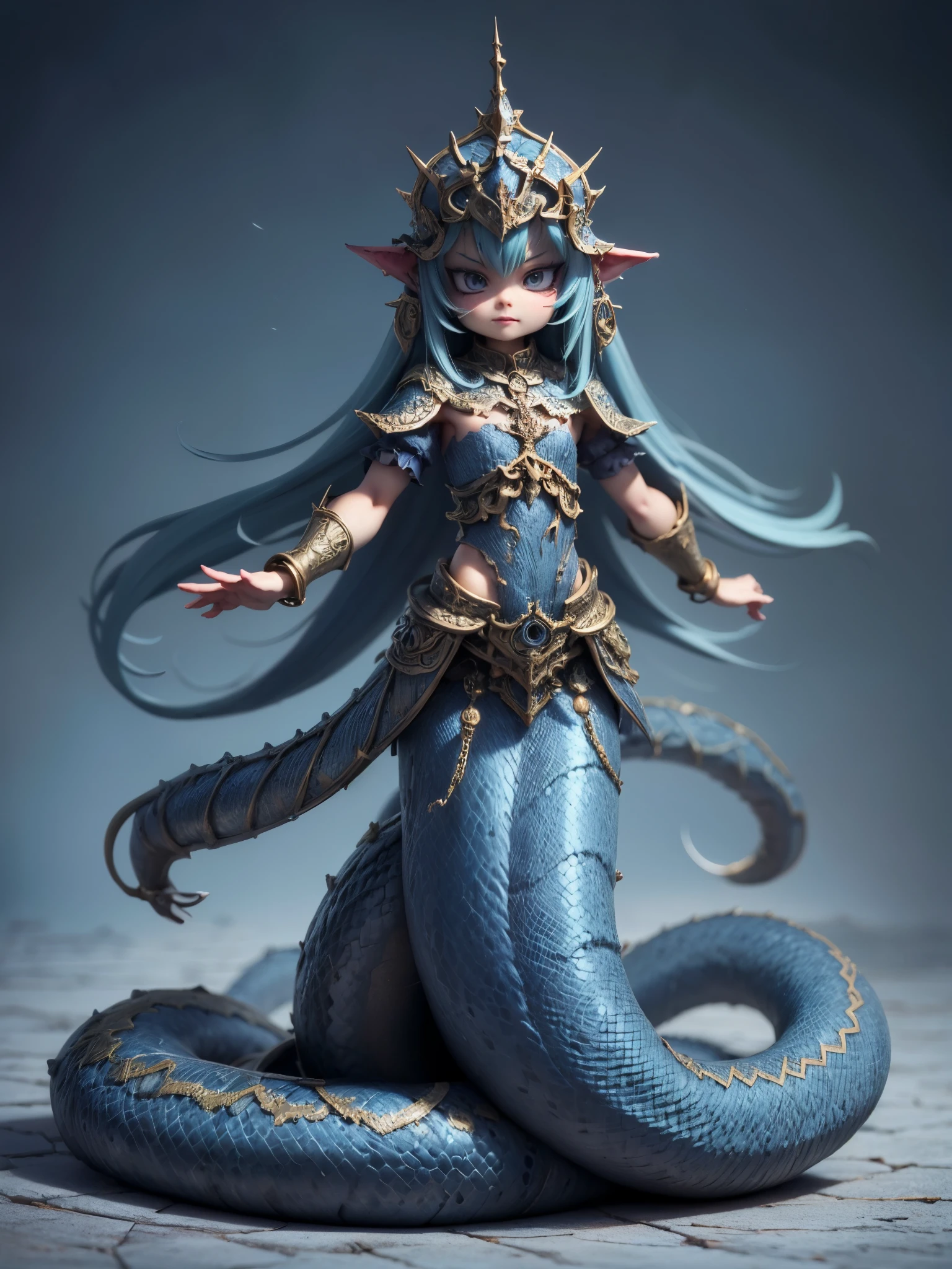 (Superflat, Flat Shading),Lamia Queen\(cute,kawaii,Geeky feel,blue Scales,Arrogant and sharp gaze,Intimidating posture,Blue pattern on the scales,long fluffy blue hair,blue Chain Mail,bracelet,Taking an arrogant stance on the royal throne,evil smile,Barbaric style,very cute,dynamic pose,snake eyes\), BREAK ,Dark fantasy,dynamic wide view,full body,High angle,quality\(8k,wallpaper of extremely detailed CG unit, ​masterpiece,hight resolution,top-quality,top-quality real texture skin,hyper realisitic,increase the resolution,RAW photos,best qualtiy,highly detailed,the wallpaper,cinematic lighting,ray trace,golden ratio,\),dynamic angle