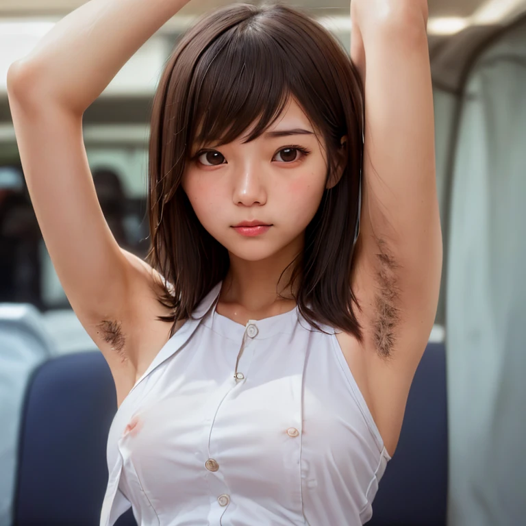 Realistic young japanese cute girl,(((a very cute japanese anorexic woman is holding onto a strap on the train and looking far away:1.3))),(((armpit is visible through gap in sleeve)))),(((wearing shite shirt))),4K, 8K, (Masterpiece, best quality:1.2),Very realistic eyes, perfect face,24years old,(((thin girl))),(((skinny girl))),(((slim girl))),white skin,big eyes,Narrow waist,((close up armpit)),(((armpit))),((waki)),(((underarm hair))),(armpit hair:1.4),((brown short hair))