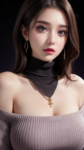 Tabletop、Close-up shot of face、(8k、RAW Photos、Best Quality、masterpiece: 1.2)、Gothic Makeup:1.4、Beautiful big brown eyes、Glowing White Skin、A very sweet and beautiful young woman、((Big Breasts:1.2))、(BLACK turtleneck sweater), mini-skirt, (earrings, on), (erotic expression, on)、Pastel pink lipstick,long eyelashes:1.3,((purple eyeshadow)),gold hoop earrings, gold necklace,Blurred black background:1.5、Photo Studio、Cinema Lighting、Professional photographer