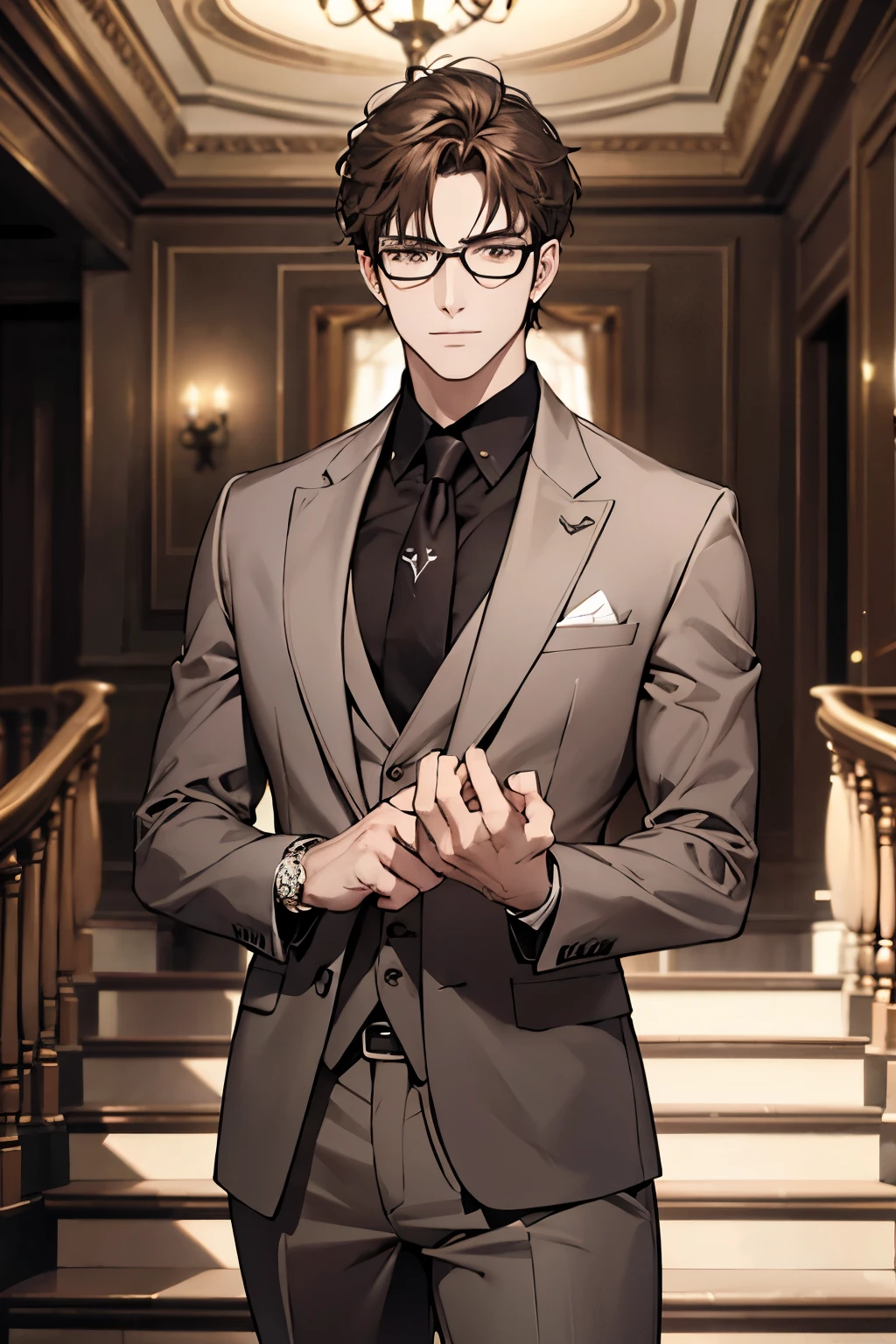 A handsome man in a gray brown suit, A bodyguard in dark clothes, Two people climbed the stairs of the villa to the living room, Perfect face, perfect hands, (best qualityer, 4K, 8k, high resolution, work of art:1.2), ultra detali, (realisitic, photorealisitic, photo-realisitic:1.37), HDR, ultra HD, studio lighting, ultra-fine painting, sharp focus, physics-based rendering, extreme detailed description, proffesional, Vivid colors, bokeh, (portrait), wearing glasses.