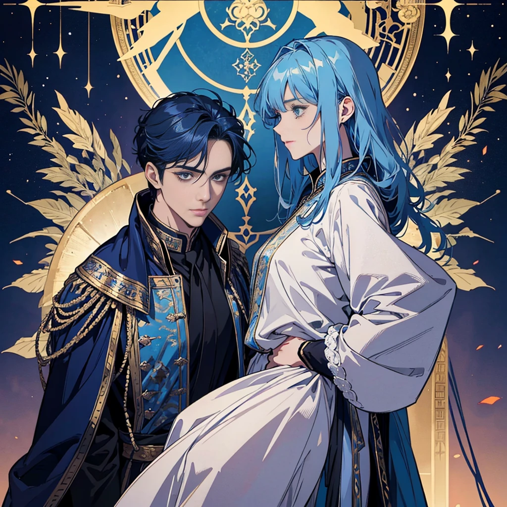 Young man, looking at a goddess flying in the starry night sky. An impossible love between a Goddess and a human man.