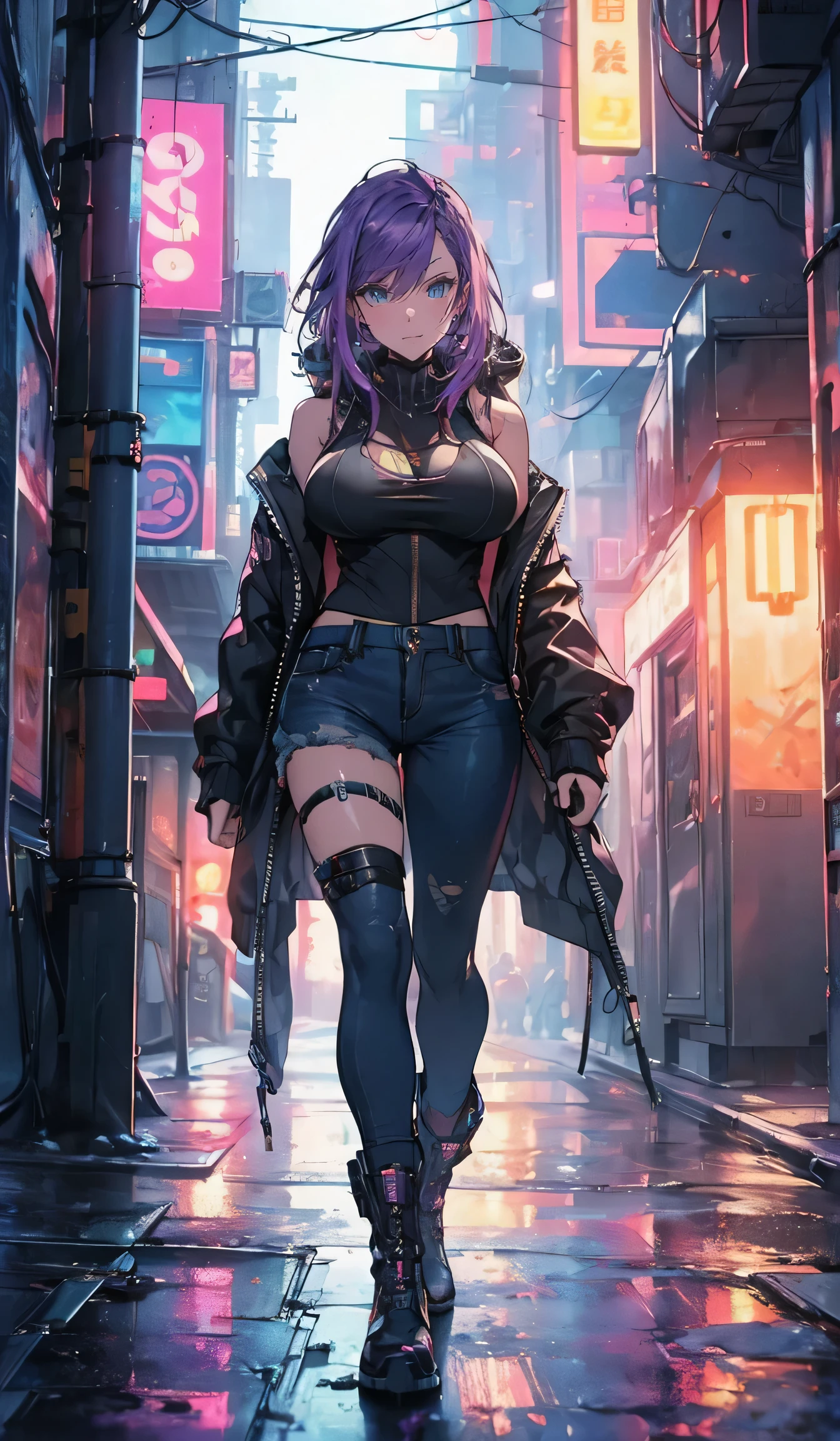 ((Big Breasts,cyberpunk,jacket,Tank tops,Net Hacker)),beautiful, masterpiece, Best Quality,Beauty, Look at the viewers,smile,boots,Smiling,Facing forward,neon lights,Live House,alley,Short denim pants,rain,豪rain,Squall,Purple Hair,night