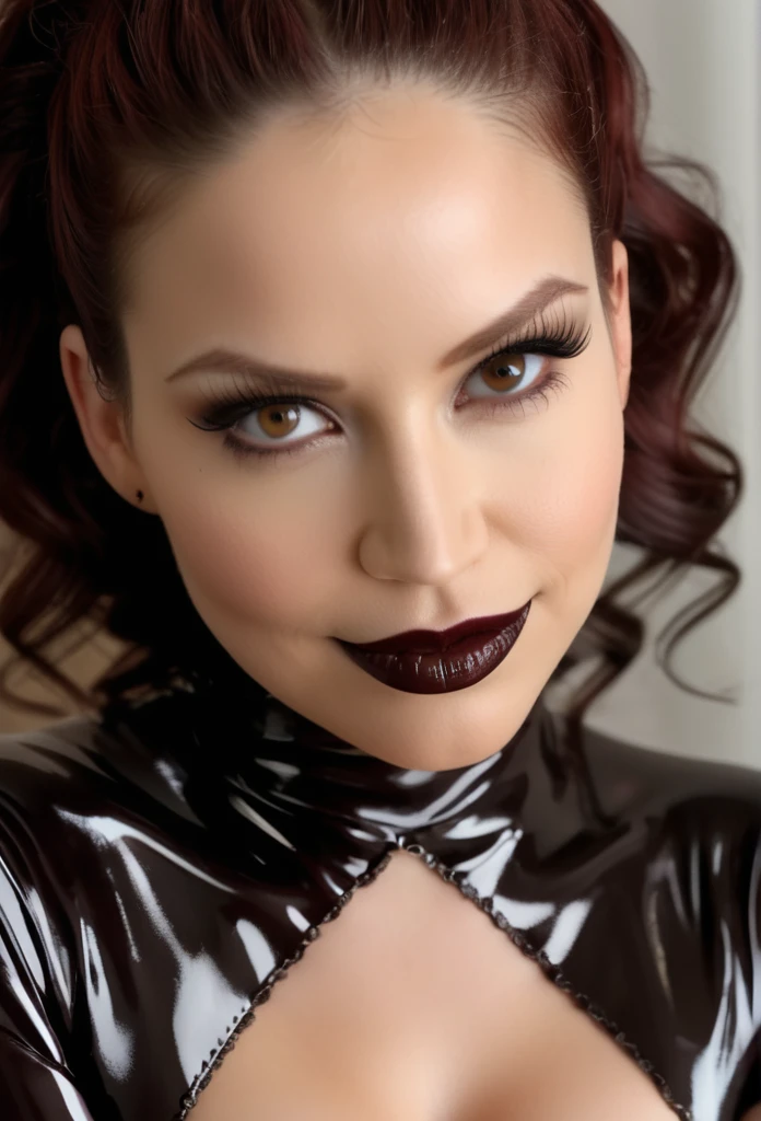 close up portrait photo of bncbchmp, very seductive smile with evil intentions, extra dark eye shadow, sand brown eyes, extra dark makeup, dark chocolate brown lipstick, porcelain white skin, facing viewer, accurate lighting, wearing black latex outfit, (masterpiece, top quality, best quality, official art, beautiful and aesthetic