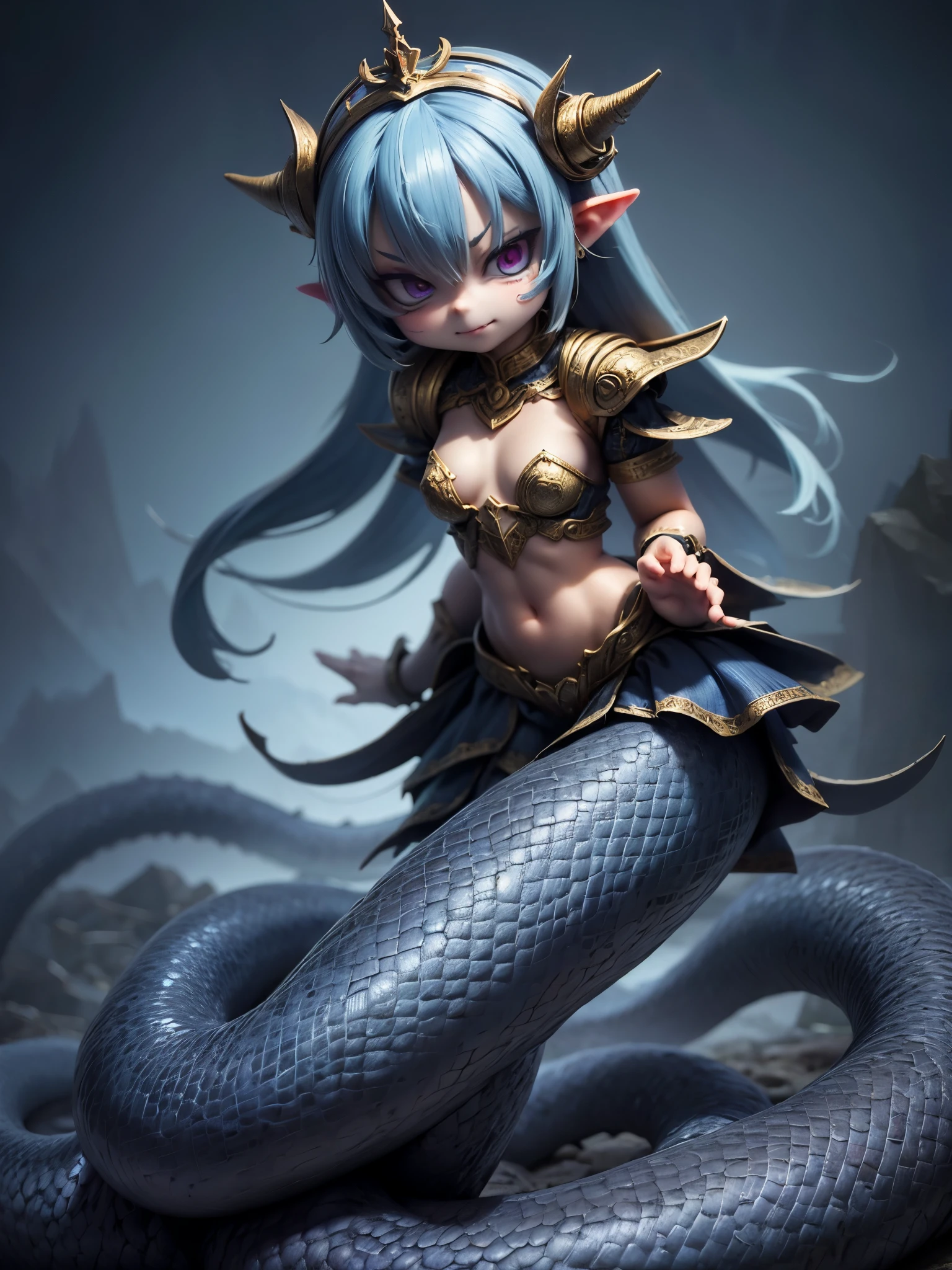 (Superflat, Flat Shading),Lamia Queen\(cute,kawaii,small kid,Geeky feel,blue Scales,Arrogant and sharp gaze,Intimidating posture,Blue pattern on the scales,long fluffy blue hair,blue Chain Mail,bracelet,Taking an arrogant stance on the royal throne,evil smile,Barbaric style,very cute,dynamic pose,snake eyes,evil smile\), BREAK ,Dark fantasy,dynamic wide view,full body,High angle,quality\(8k,wallpaper of extremely detailed CG unit, ​masterpiece,hight resolution,top-quality,top-quality real texture skin,hyper realisitic,increase the resolution,RAW photos,best qualtiy,highly detailed,the wallpaper,cinematic lighting,ray trace,golden ratio,\),dynamic angle