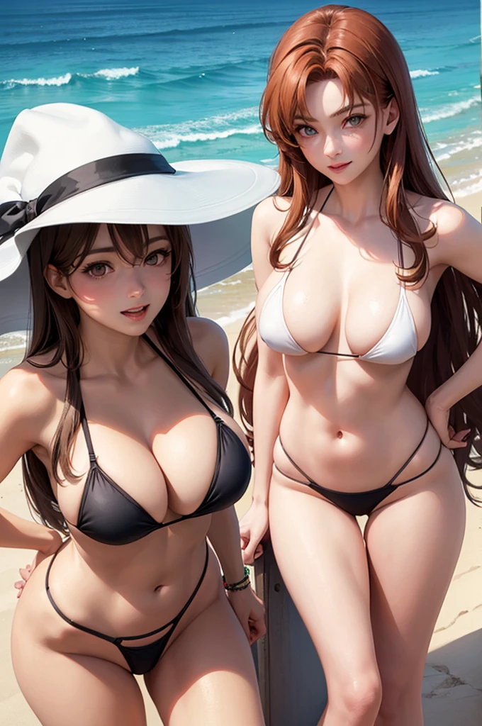 Sonozaki　Misao Sonozaki, masterpiece, best quality, an anime woman in a hat wears a bikini under hoodie jacket posing on the  deck, 1girl, smile, high leg swimsuit, hat, micro bikini, armpit, Alone, breasts, , under boobs, Sun hat, cleavage, white bikini, bracelet, navel, jewelry, bare shoulder, yacht, woman wearing black micro bikini, woman wearing pink micro bikini, woman wearing white micro bikini, long hair, large breast, puppet, nice ass, brown eyes, slender face, beautiful tits, beautiful ass, slim waist,