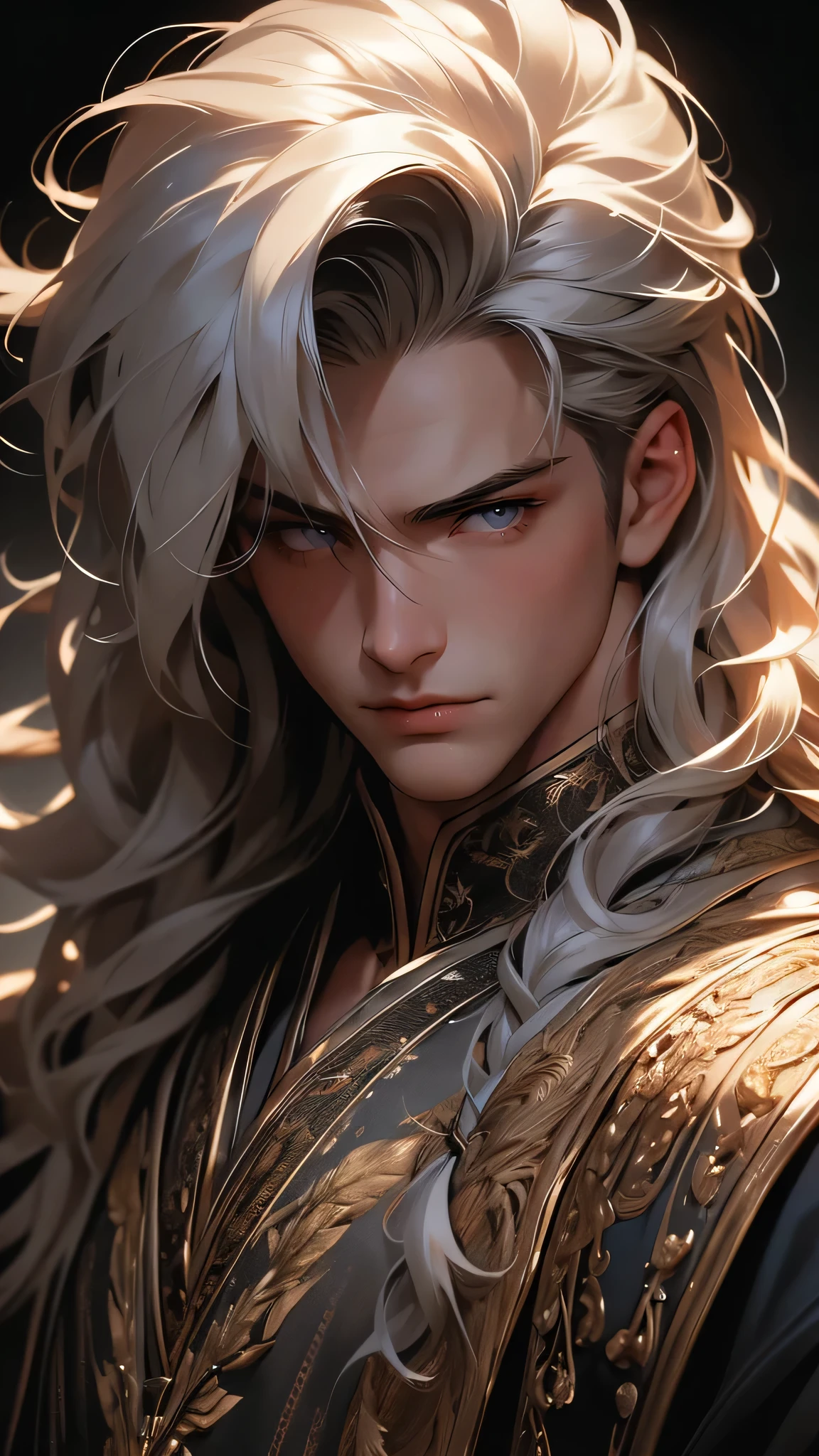 ((masterpiece)), envision a 8k, highres, cinematic, semi realistic, detailed, close up portrait of a strong boy, strong face, mature face, muscular body, long wavy white hair hair, grey eyes,  (((1boy))), in dark lighting, against a dark background