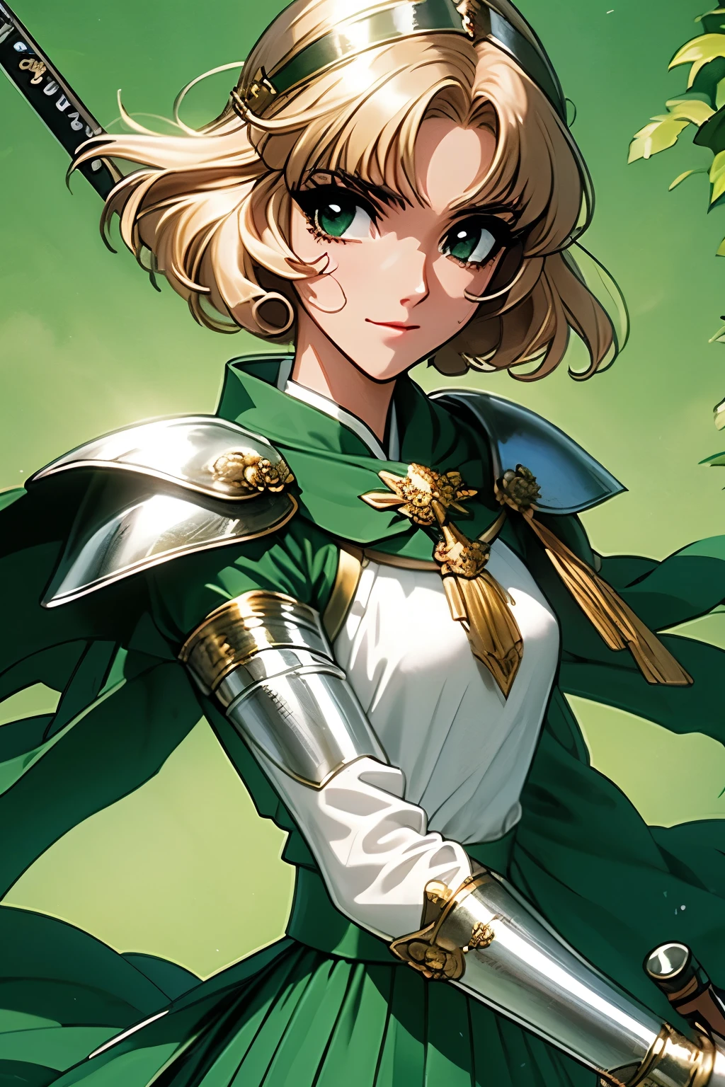 Fu-Houji、blonde、Bobcut、magic knightレイアース"、magic knight、Green Sailor Suit、Green mini skirt、Green and white cloak、Green-silver breastplate、White shoulder pad、White Gauntlets、Long sword、A soft smile、（（（ＳＦＷ、sound、Highest quality、A first-class masterpiece、Normal body、8k、Detailed face、Ultra-precision、Normal hand、通常のrefer to、５refer to、Highest）））、whole body