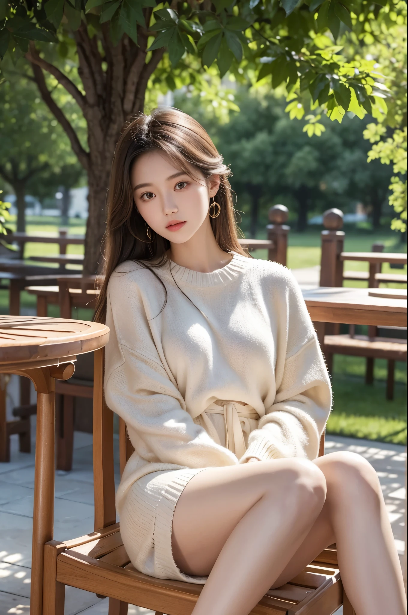 High-res, Realistic portrait of professional Chinese university campus lady with perfect skin,The breath of life should emphasize her sitting and standing postures,autumnal,Wear a black jacket,White sweater knitted underwear,Beautiful woman sitting on the playground of the schoolyard,Medium half-body,Long black hair,Looks confident and cute, Longing for freedom and beauty,Surrounded by the atmosphere of modern school life, Vibrant and naturally lit highlights. The artwork should emphasize her elegant facial features, Including charming long eyes, Fluttering eyelashes and seductive lips. The scene should be enhanced with elements of professionalism and visual appeal,For example, Medium-sized playground,tennis court,basketball ball,Mainframe computers, High-resolution display, and a complex and diverse student body,Displays the people in the crowd,Highlight the beauty focus, The overall tone should be warm and professional, The sun shines on the playground,soft sun light,Has a soft and natural color palette. The artwork should exude a sense of professionalism, Success, and cultural pride,The background is blurred out,Protrude two or three background figures,