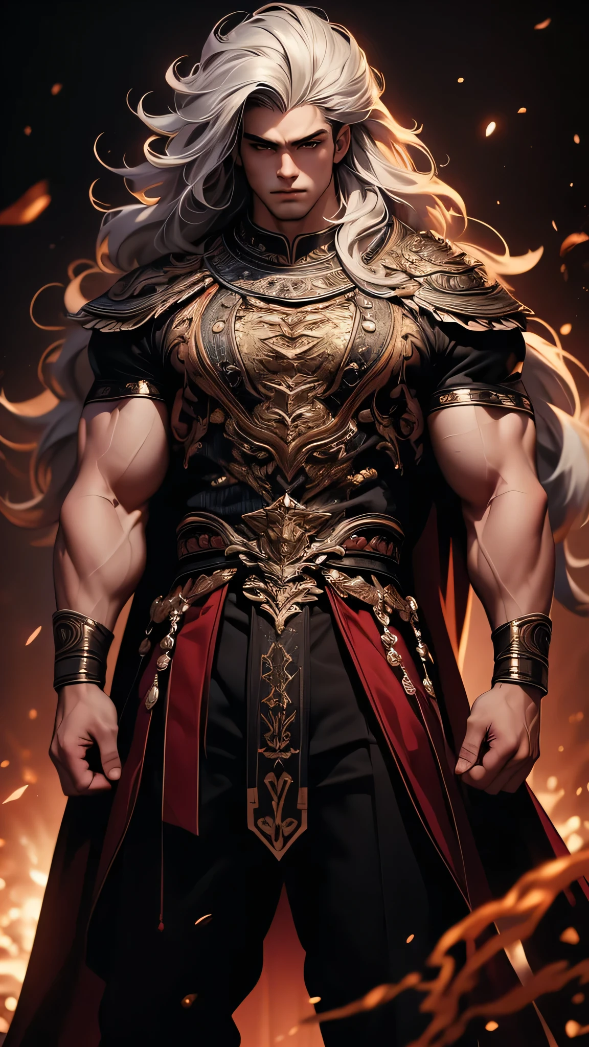 ((masterpiece)), envision a 8k, highres, cinematic, semi realistic, detailed, full body pinup of a strong boy, strong face, mature face, muscular body, long wavy white hair hair, grey eyes,  (((1boy))), in dark lighting, against a dark background