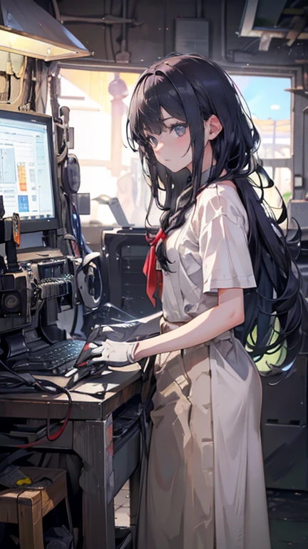 (Mechanical Engineering Student,, Soft lips, Glowing Skin, Braided Hair, Soft Skin:1.25, Hair Ribbon, Concentrated expression,Long gloves:1.25,(8k, Best Quality, masterpiece:1.2, Highly detailed, Very detailed), Vibrant colors, Line art,Machine being disassembled,Long-distance photo,Operating a computer