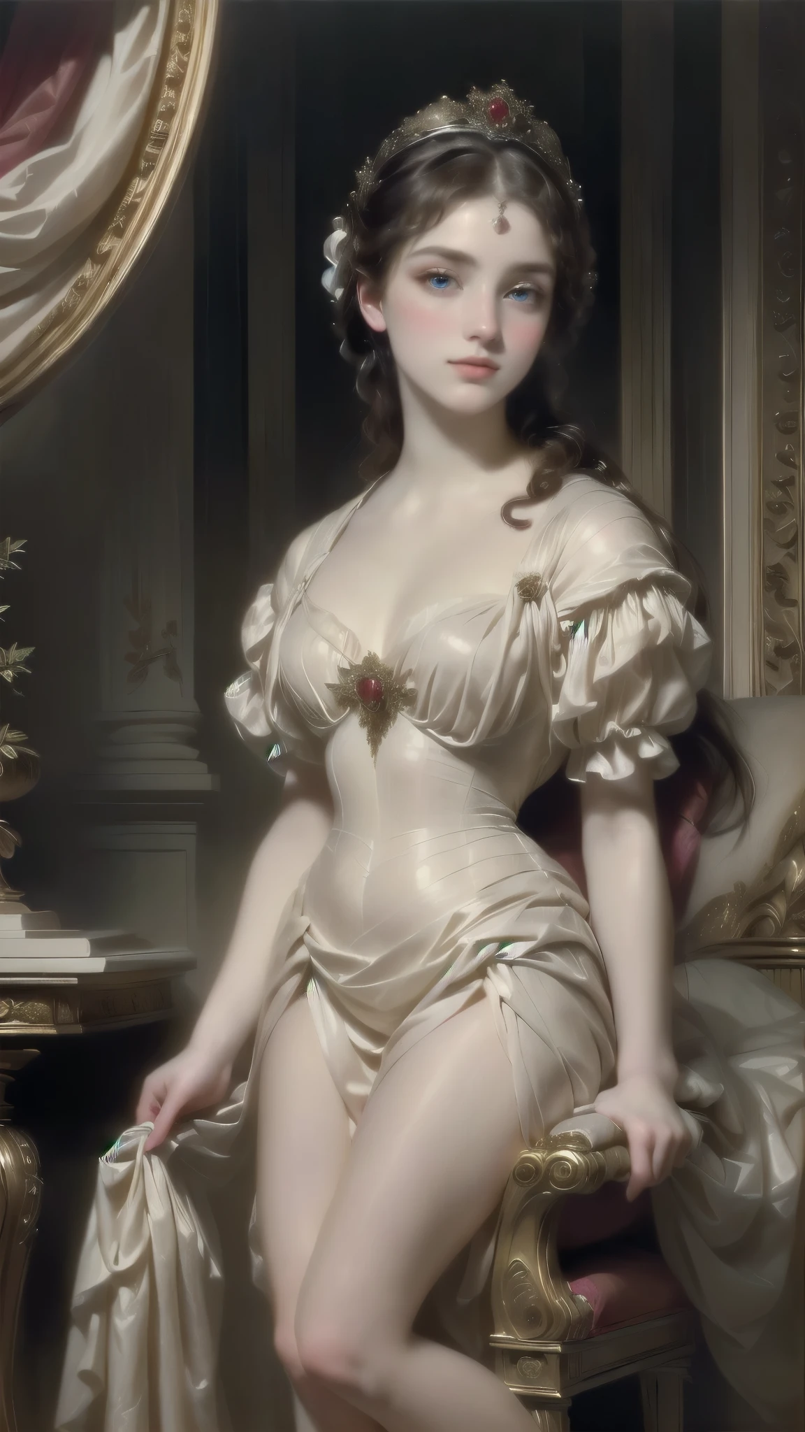 there is a woman sitting on a chair in a room, Mary Jane Ansell, portrait of a princess, Elegant lady with alabaster skin, princess portrait, beautiful character painting, portrait of the princess, beautiful languid princess, pintura de portrait of a princess, inspired by Alexandre Cabanel, inspired by Franz Xaver Winterhalter, Rococo Queen, pale porcelain skin,  (full body:1.8), (upper body up:0.3), (hyper realistic:1.4), (realistic:1.3), (best quality real texture skin), Detailed eyes, detailed face, PERSEPHONE, Persephone, Persephone, (SFW:1.5) Hyperrealistic
