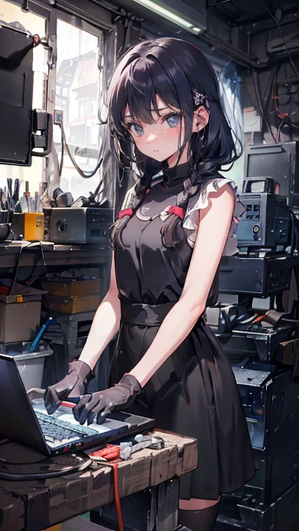 (Mechanical Engineering Student,Teenage Girls, Soft lips, Glowing Skin, Braided Hair, Soft Skin:1.25, Hair Ribbon, Concentrated expression,Long gloves:1.25,(8k, Best Quality, masterpiece:1.2, Highly detailed, Very detailed), Vibrant colors, Line art,Machine being disassembled,Pictures that make girls look small,Operating a computer