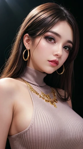 Tabletop、Close-up shot of face、(8k、RAW Photos、Best Quality、masterpiece: 1.2)、Gothic Makeup:1.4、Beautiful big brown eyes、Glowing White Skin、A very sweet and beautiful young woman、narrow eyes,((Big Breasts:1.2))、(BLACK turtleneck sweater), mini-skirt, (earrings, on), (erotic expression, on)、Pastel pink lipstick,long eyelashes:1.3,((purple eyeshadow)),gold hoop earrings, gold necklace,Blurred black background:1.5、Photo Studio、Cinema Lighting、Professional photographer