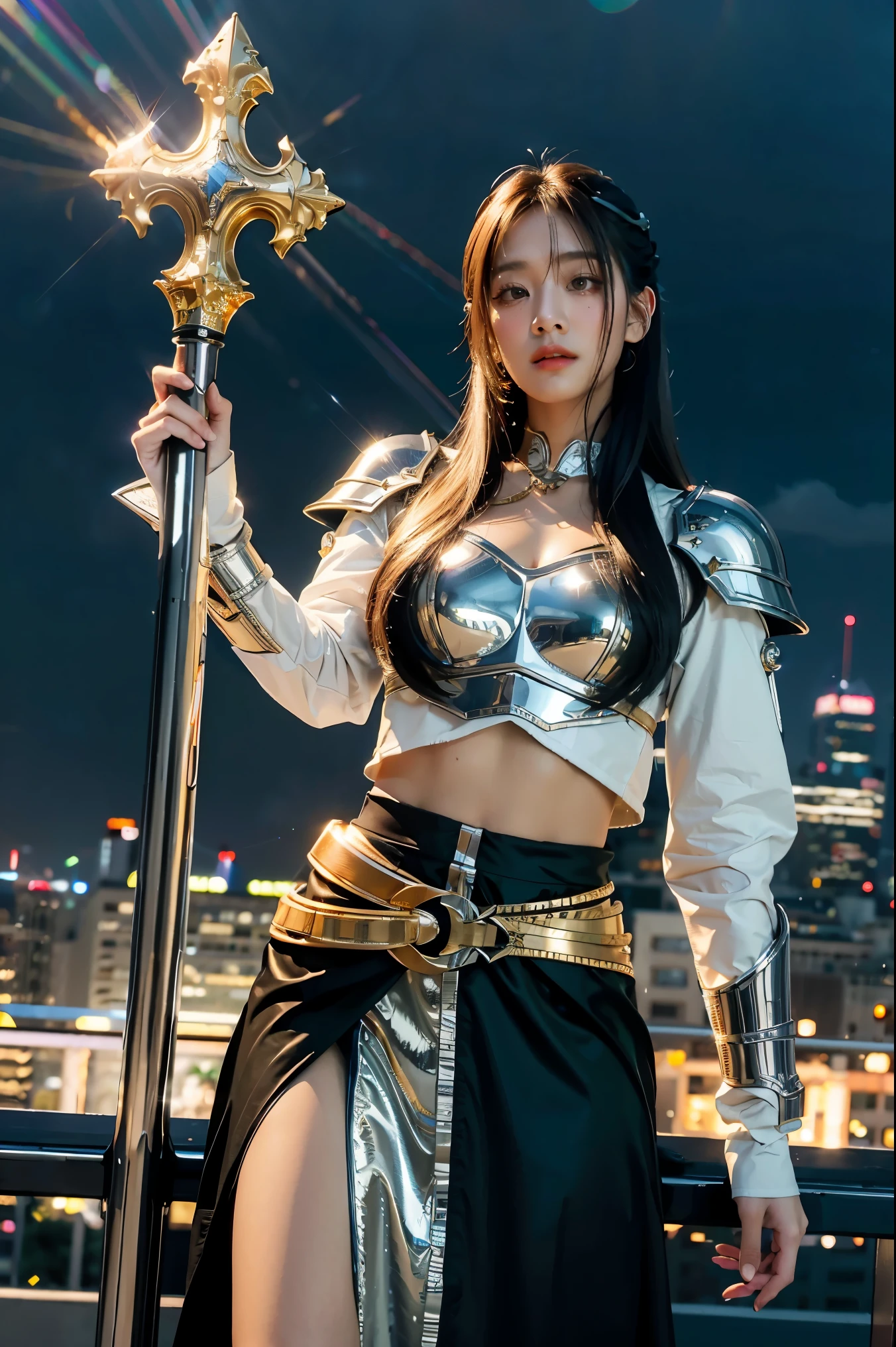 (masterpiece, best quality), A paladin holding a light-infused sword, light magic, divine, mage aura, silver and gold, 4k, dark cityscape, Fujifilm