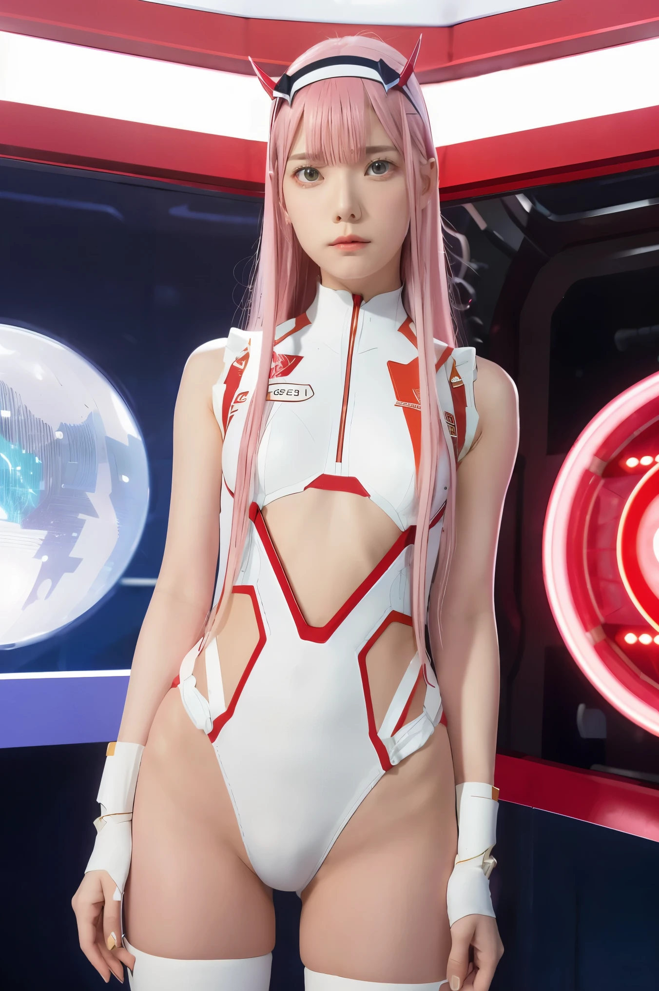 dynamic angle,ultra-detailed, illustration, straight on, 1girl, ((Zero two, interface headband with a pair of horns, red bodysuit:1.4, pink hair)), Her eyes shone like dreamy stars,(glowing eyes:1.233),(beautiful and detailed eyes:1.1),(expressionless, closed mouth),(standing), (mechanic room with tools and spaceship window in a white SPACESHIP), (night:1.2), dreamy, dynamic pose,