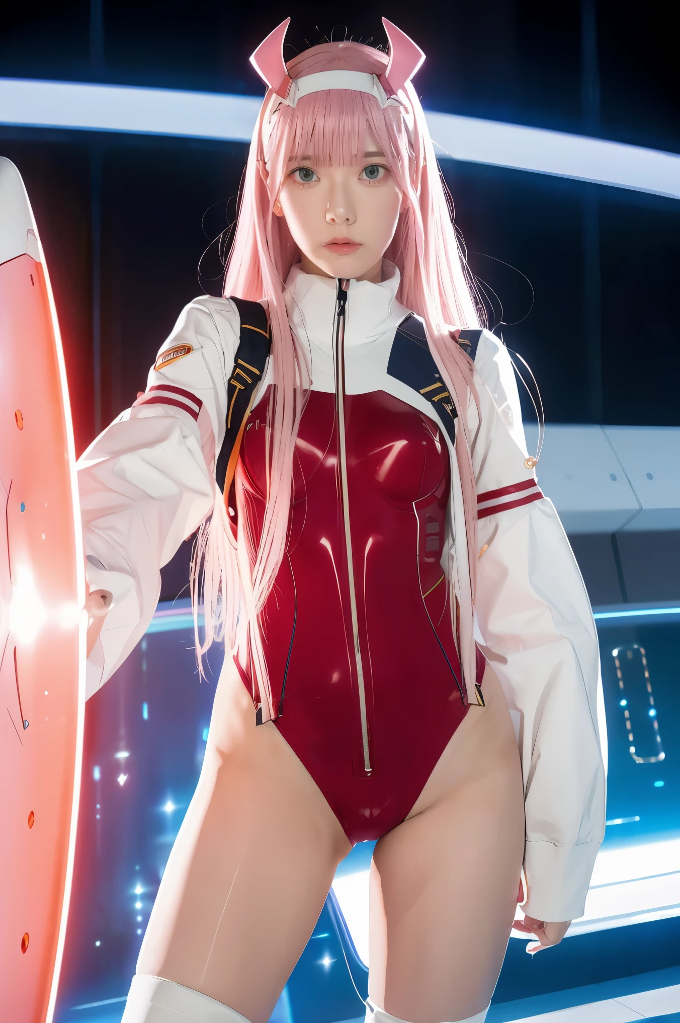 dynamic angle,ultra-detailed, illustration, straight on, 1girl, ((Zero two, interface headband with a pair of horns, red bodysuit:1.4, pink hair)), Her eyes shone like dreamy stars,(glowing eyes:1.233),(beautiful and detailed eyes:1.1),(expressionless, closed mouth),(standing), (mechanic room with tools and spaceship window in a white SPACESHIP), (night:1.2), dreamy, dynamic pose,