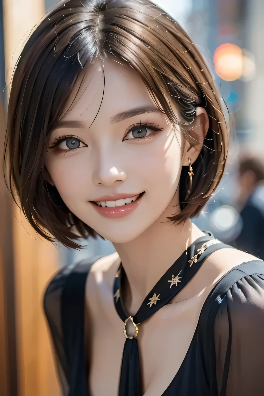 ((1. The Ultimate Beauty)), Mature, Beautiful Face, Detailed lips, A beautiful eye for detail, Double eyelids, Long eyelashes、(Grin), ((Beautiful teeth alignment)), Captivating Gaze, A charming smile, Long eyelashes, Elegant eyeshadow, ((Huge breasts)), (Bust Up), Enchanting makeup, charming gesture that changes facial expression, ((Intricately embellished red and black cocktail dress)), Glowing Skin, High image quality, High resolution, ((Depth)), (chromatic aberration), necklace, Earrings, A bracelet, Sexy pose, RAW Photos, Realistic, (masterpiece), Realistic, Masseter region, Best Quality, Hyper Detail, (Detailed eyes and face, charm:Natural Makeup, See your audience, alone, Mature, (((Cowboy Shot)))