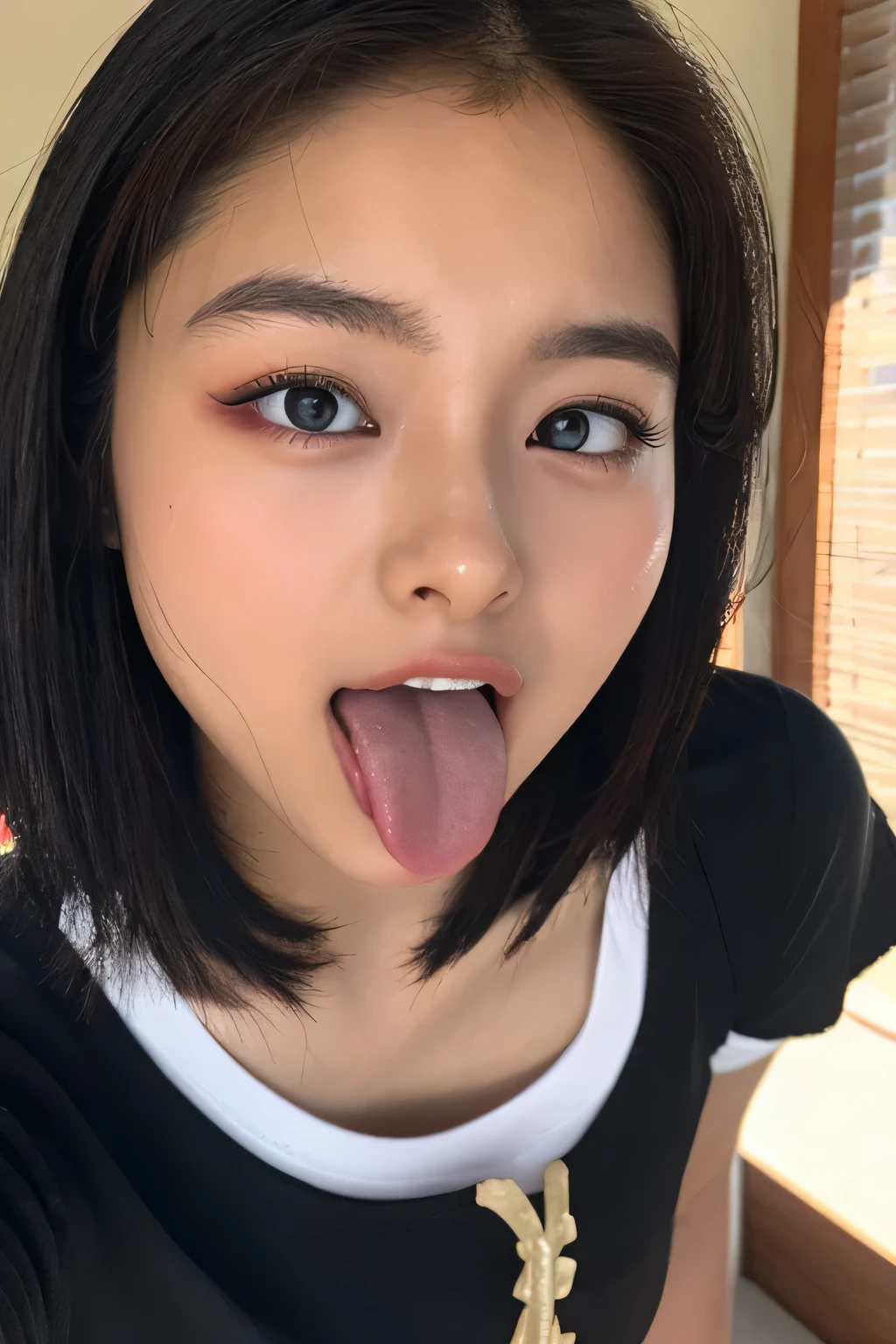 1girl,Tabletop,,Awards - Winning Photos, Very detailed, Face close-up、Keep your eyes focused, Nose and mouth,Face Focus, Woman with open mouth and closed eyes, Face Focus Close-up、age: 18 ,Black-haired、Symmetrical face,Realistic nostrils、Angle from below、Elongated C-shaped nostrils、Sweaty skin、Sweaty, Lighting that highlights shiny skin、(((Loose fitting T-shirt, Shorts),))Sweaty, shiny skin、Shiny skin、Big Eyes、Double eyelids、(My tongue is wet and shiny) ((Wet tongue)) ((Berokisu))Disneyland,Taylor Hill,Hyperrealistic,Real Skin、Nogizaka Members,Detailed and realistic eyelashes and double eyelids,