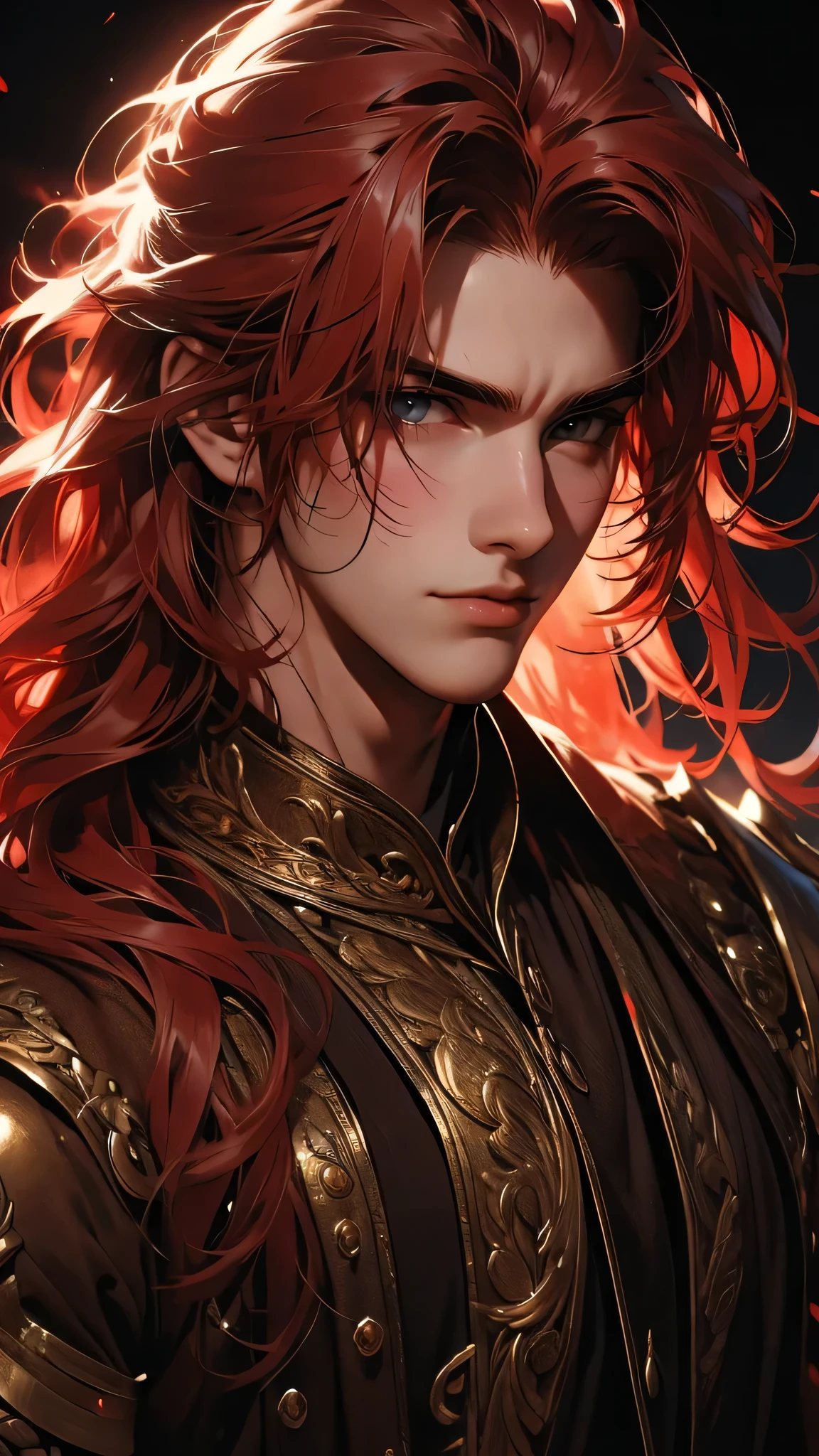 ((masterpiece)), envision a 8k, highres, cinematic, semi realistic, detailed, close up portrait of a strong boy, strong face, handsome face, muscular body, long wavy red hair  hair, brown eyes, (((1boy))), in dark lighting, against a dark background