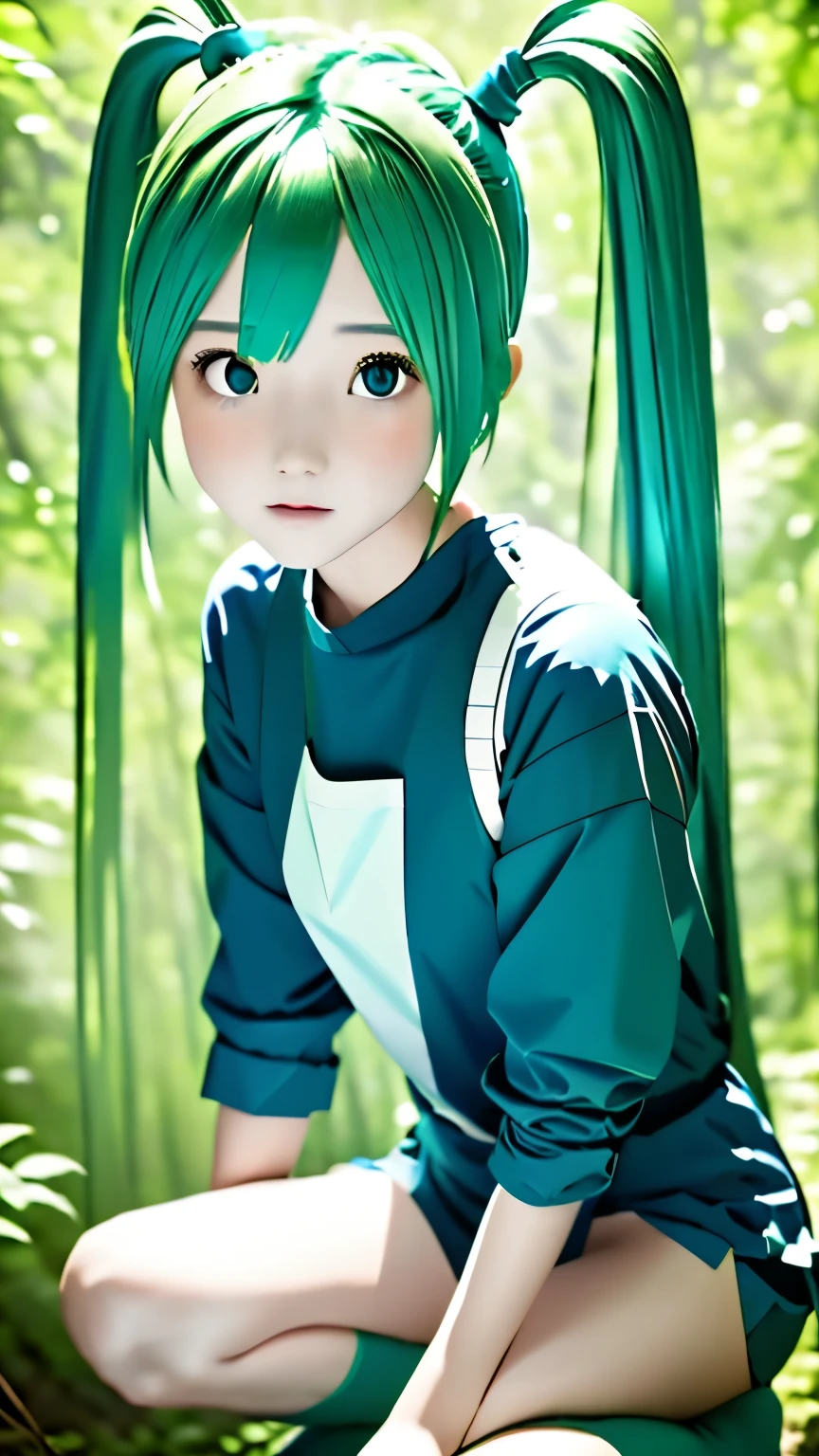 live-action、Real、RAW Photos、Blue green hair,dual horsetail,Adorable,Small eyes、Depression、Squat,Twin tails、Hatsune Miku、Official Art，Upper Body、Unity 8K Wallpaper，Blue Green Background、Very detailed，aesthetics，masterpiece，Best Quality，Realistic,Photo level、Best Quality、Best image quality、masterpiece、