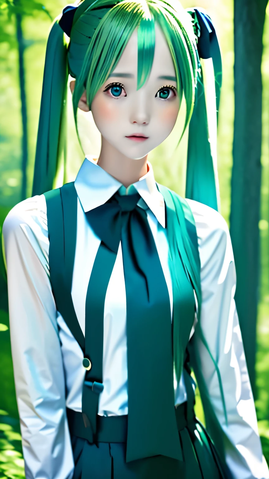 live-action、Real、RAW Photos、Blue green hair,dual horsetail,Adorable,Small eyes、Depression,Twin tails、Hatsune Miku、Official Art，Upper Body、Unity 8K Wallpaper，Blue Green Background、Very detailed，aesthetics，masterpiece，Best Quality，Realistic,Photo level、Best Quality、Best image quality、masterpiece、