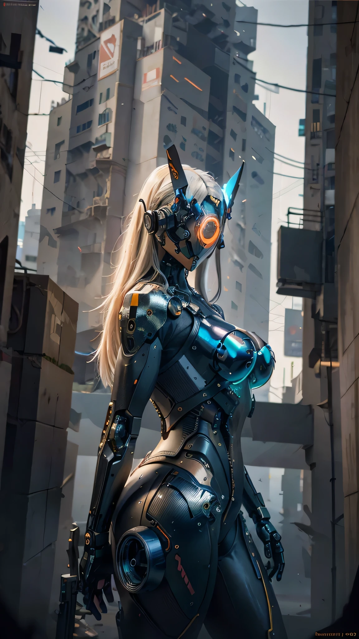 Highest quality, Very detailed, Very detailed詳細, The finer details, Very beautiful, robot, Beautiful and intricate eyes and mechanical body), (Mechanical joints, Mechanical Limbs:1.3), Mechanical Skin, (Exposure of internal machine structures:1.2), (Red long hair), (Mechanical bodysuit), cowboy_shot, Side Focus, Shiny, flat_chest, Huge_chest, wide_Waist, (Put your arms behind your head, Underarm), Open Stance, (Cybertech Punk Mask:1.2), Cyberpunk City, Highly detailed art, Sword in hand,