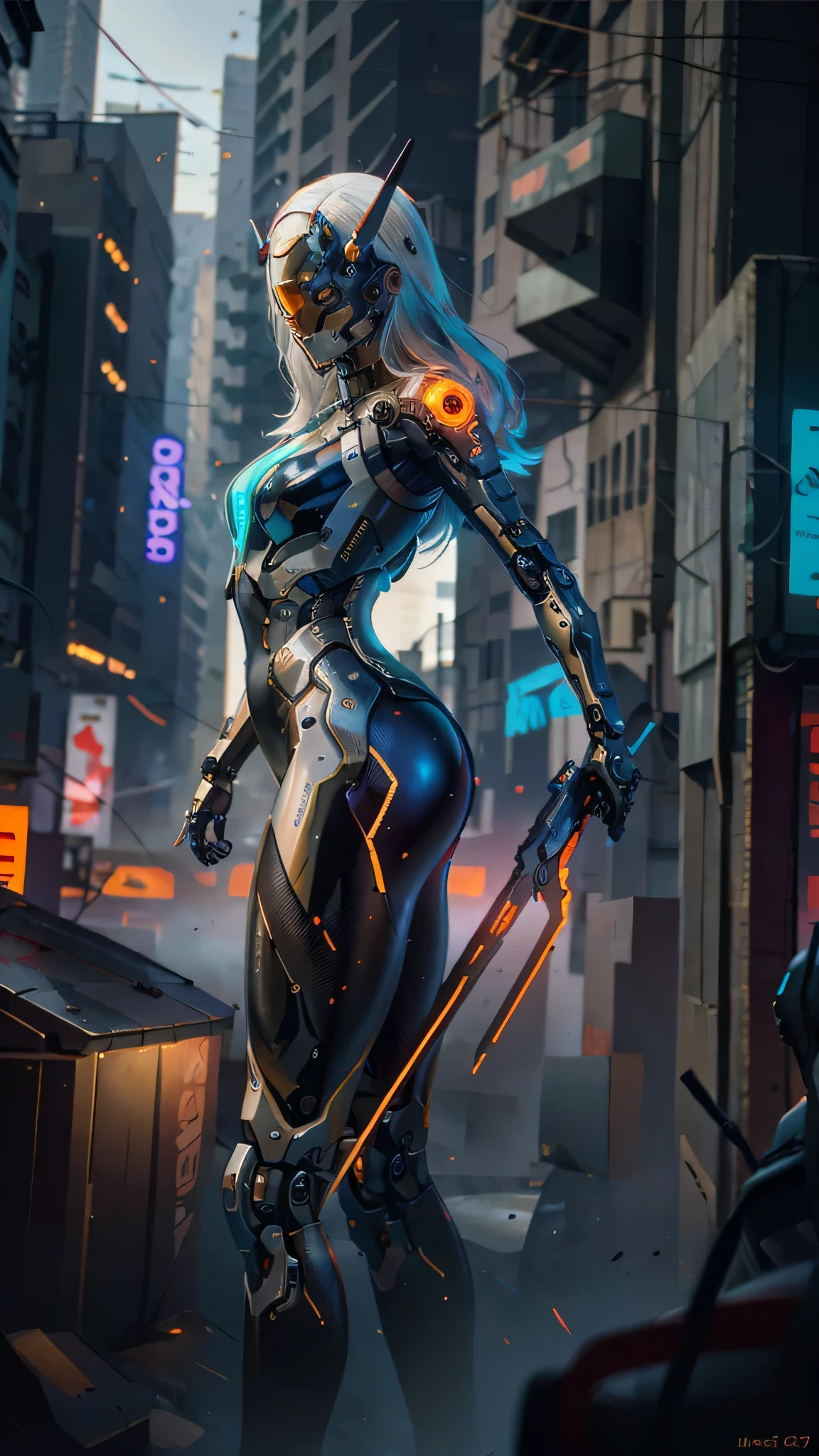 1girl, a beautiful girl cyborg cyberpunk with a cyberpunk city tall buildings, white hair, cybermask, white and orange and black machine suit color combination, the body full of machine, realistic futuristic hologram, asian skin tone, beautiful eye, beautiful asian face, cyber ear machine, suits is solid mecha, realistic machine, sci fi scape, manipulation is a masterpiece, long hair, masterpiece, suit of cyberpunk, realistic sci fi building texture mecha aestethic, digital cyberpunk, looming over a city, cyber technology, realistic hair, lots of hair, white of hair, realistic metal solid texture of building, realistic neon glow, realistic neon sign, wonderful side lighting, realistic futuristic cyberpunk building, realistic girl robot cyberpunk, fog, foogy, masterpiece of detail, RAW IMAGE, depth of field, point of interes, depth of field is masterpiece, best photography composition masterpiece, natural realistic hair, rule of third masterpiece photography, natural lighting, photography masterpiece natural lighting from side, realistic skin texture, strong reflection, ( pose pinterest) masterpiece beautiful, Devil Horns, smooth pixel, ray of light, soft light, small breasts, mastepiece of cyber mask, masterpiece fantasy gun, carry a fantasy weapon, weapon fantasy (artstation)