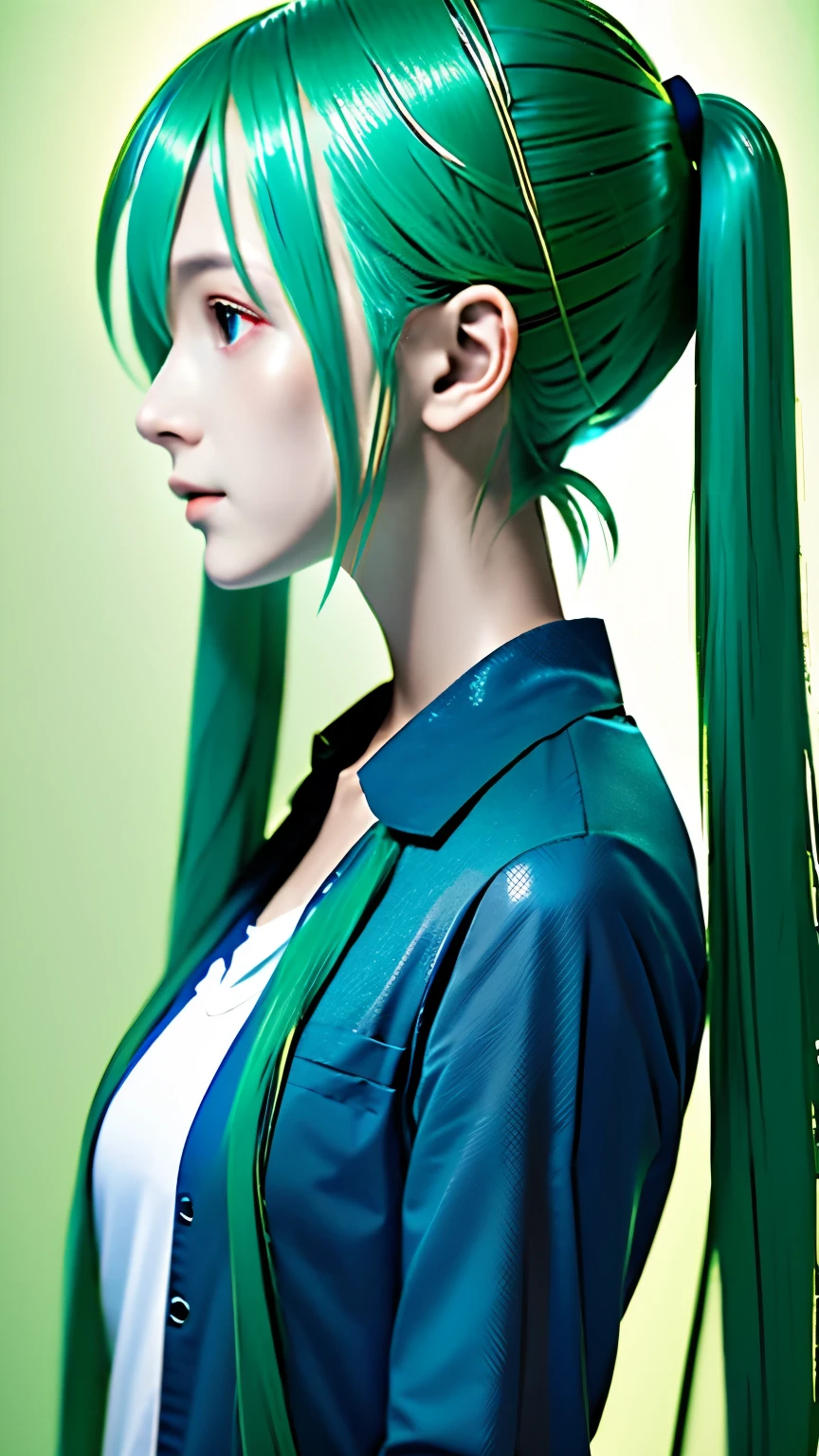 live-action、Real、RAW Photos、Blue green hair,dual horsetail,Adorable,Small eyes、Depression,Twin tails、Hatsune Miku、Official Art，Upper Body、profile、Unity 8K Wallpaper，Blue Green Background、Very detailed，aesthetics，masterpiece，Best Quality，Realistic,Photo level、Best Quality、Best image quality、masterpiece、