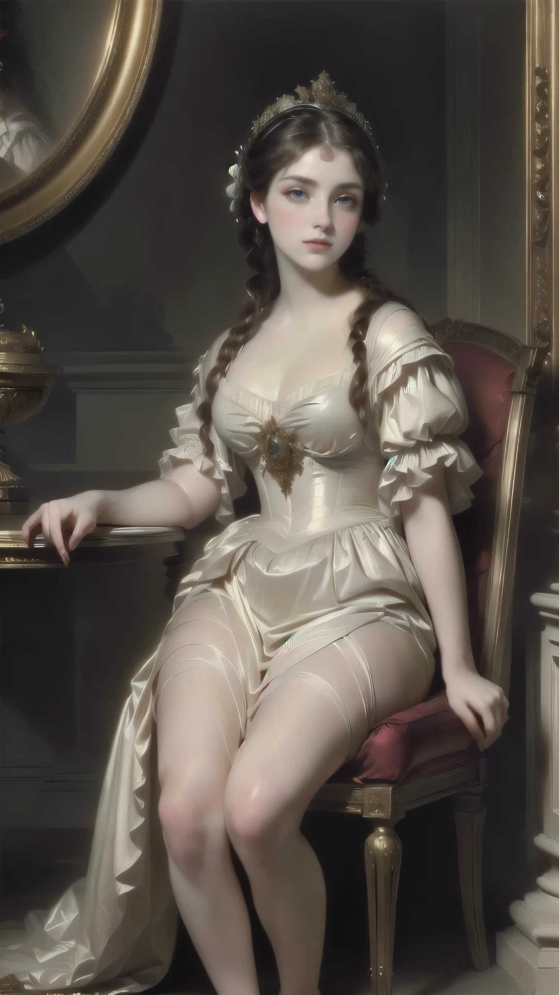 there is a woman sitting on a chair in a room, Mary Jane Ansell, portrait of a princess, Elegant lady with alabaster skin, princess portrait, beautiful character painting, portrait of the princess, beautiful languid princess, pintura de portrait of a princess, inspired by Alexandre Cabanel, inspired by Franz Xaver Winterhalter, Rococo Queen, pale porcelain skin,  (full body:1.8), (upper body up:0.3), (hyper realistic:1.4), (realistic:1.3), (best quality real texture skin), Detailed eyes, detailed face, PERSEPHONE, Persephone, Persephone, (SFW:1.5) Hyperrealistic
