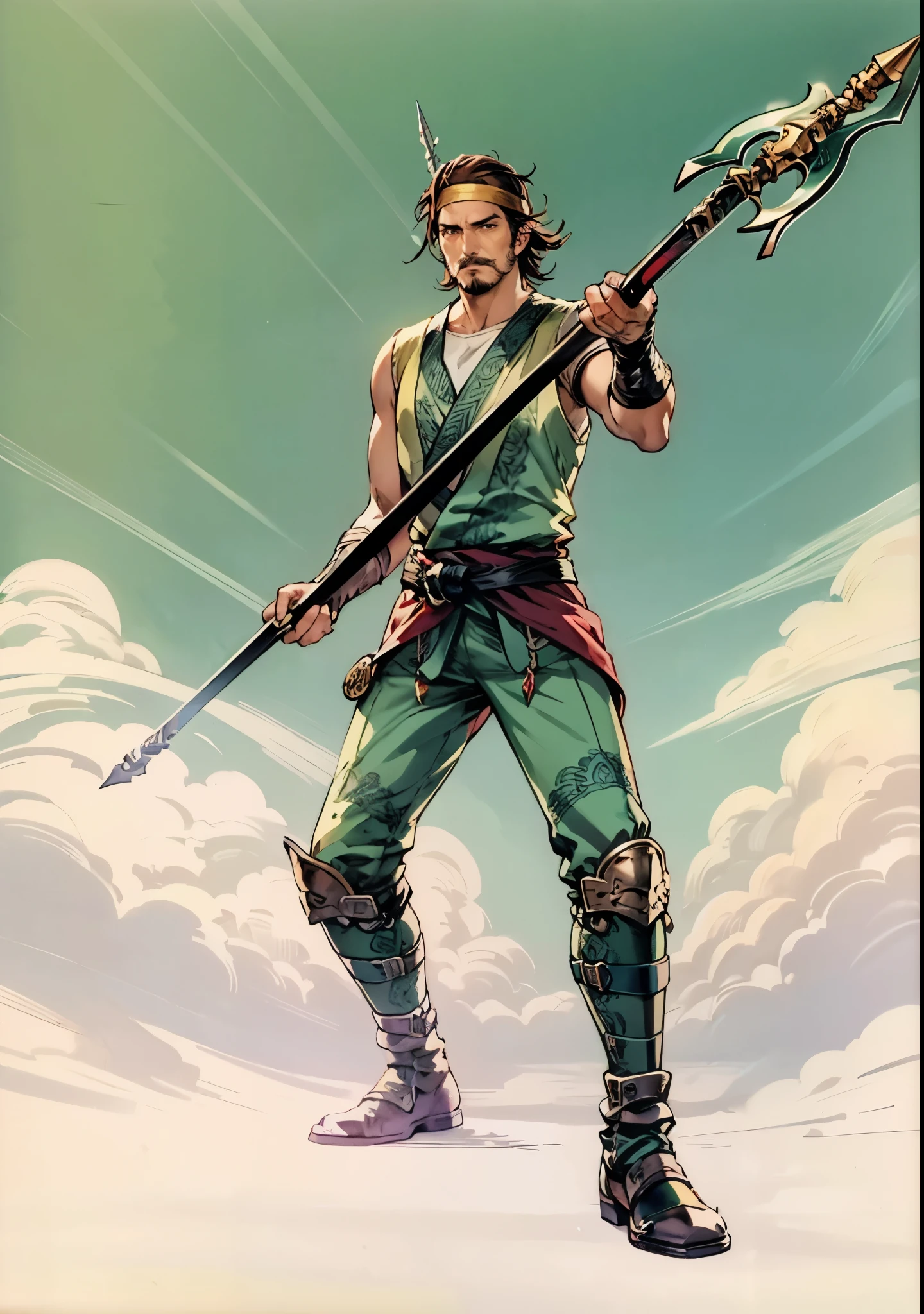 (masterpiece:1.2, best quality:1.2, extremely delicate:1.2), ((male:1.5)), a middle-aged man with short brown hair, a headband, a dignified face, mustaches and goatee beard, a fantasy martial arts style orange-yellow sleeveless vest, a sash wrapped around his waist, his arms are protected by cloth bracers, matching leather pants, shin guards, leather boots, he holds a long spear with a dragon-head design in both hands, standing in a training arena, this character embodies a finely crafted fantasy martial arts style spear-wielding guardian in anime style, exquisite and mature manga art style, dramatic, high definition, highres, ultra-detailed, ultra-fine painting, professional, perfect body proportions, golden ratio, anatomically correct, symmetrical face, extremely detailed eyes and face, high quality eyes, creativity, RAW photo, UHD, 32k, Natural light, cinematic lighting, (masterpiece-anatomy-perfect:1.2)