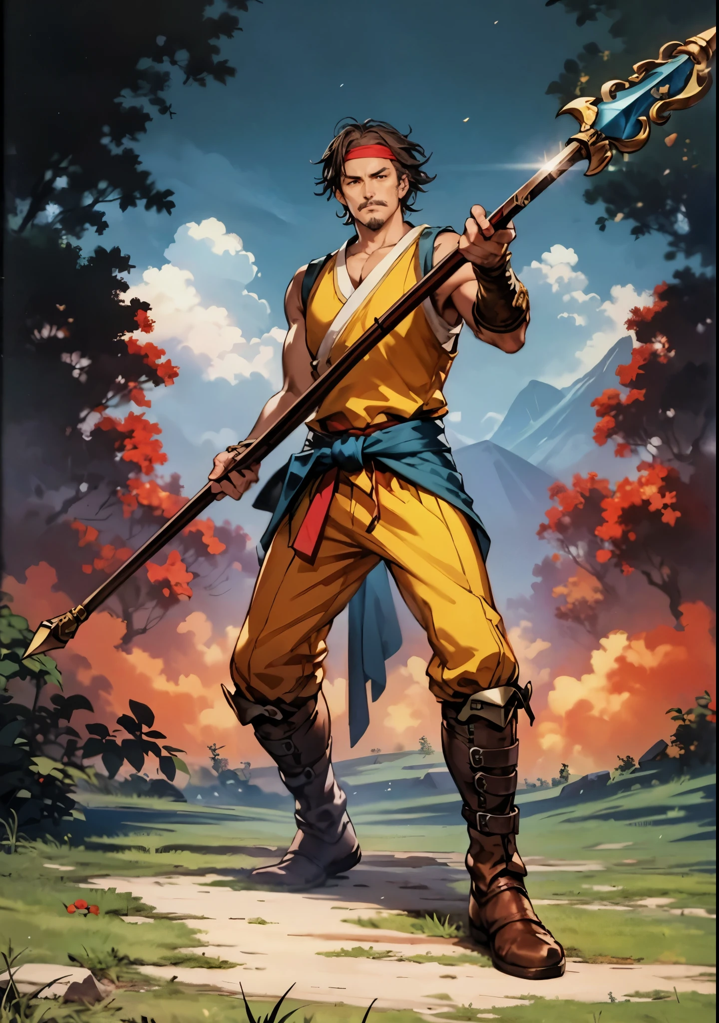 (masterpiece:1.2, best quality:1.2, extremely delicate:1.2), ((male:1.5)), a middle-aged man with short brown hair, a headband, a dignified face, mustaches and goatee beard, a fantasy martial arts style orange-yellow sleeveless vest, a sash wrapped around his waist, his arms are protected by cloth bracers, matching leather pants, shin guards, leather boots, he holds a long spear with a dragon-head design in both hands, standing in a training arena, this character embodies a finely crafted fantasy martial arts style spear-wielding guardian in anime style, exquisite and mature manga art style, dramatic, high definition, highres, ultra-detailed, ultra-fine painting, professional, perfect body proportions, golden ratio, anatomically correct, symmetrical face, extremely detailed eyes and face, high quality eyes, creativity, RAW photo, UHD, 32k, Natural light, cinematic lighting, (masterpiece-anatomy-perfect:1.2)