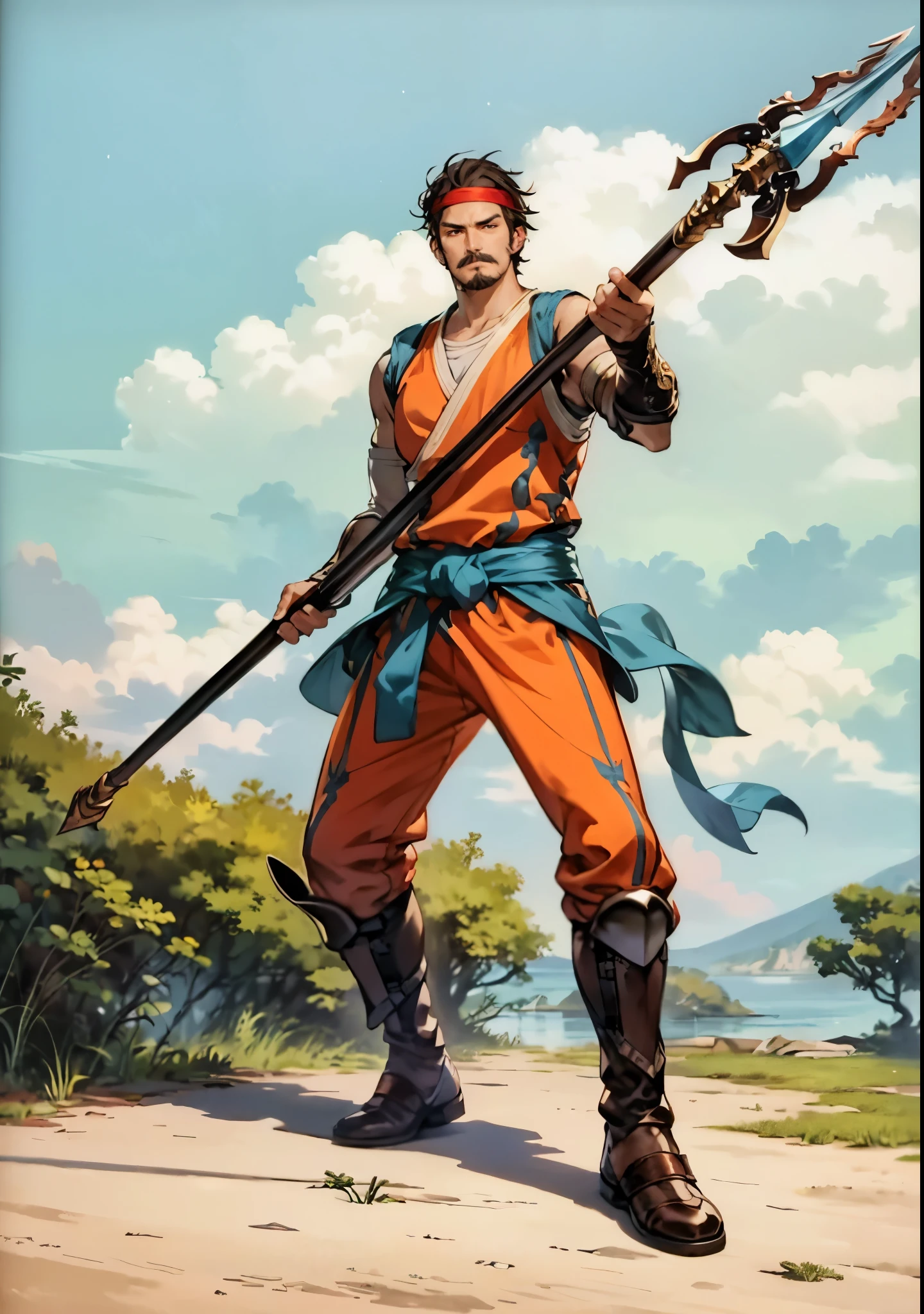 (masterpiece:1.2, best quality:1.2, extremely delicate:1.2), ((male:1.5)), a middle-aged man with short brown hair, a headband, a dignified face, mustaches and goatee beard, a fantasy martial arts style orange-yellow sleeveless vest, a sash wrapped around his waist, his arms are protected by cloth bracers, matching leather pants, shin guards, leather boots, he holds a long spear with a dragon-head design in both hands, standing in a training arena, this character embodies a finely crafted fantasy martial arts style spear-wielding guardian in anime style, exquisite and mature manga art style, dramatic, high definition, highres, ultra-detailed, ultra-fine painting, professional, perfect body proportions, golden ratio, anatomically correct, symmetrical face, extremely detailed eyes and face, high quality eyes, creativity, RAW photo, UHD, 32k, Natural light, cinematic lighting, (masterpiece-anatomy-perfect:1.2)