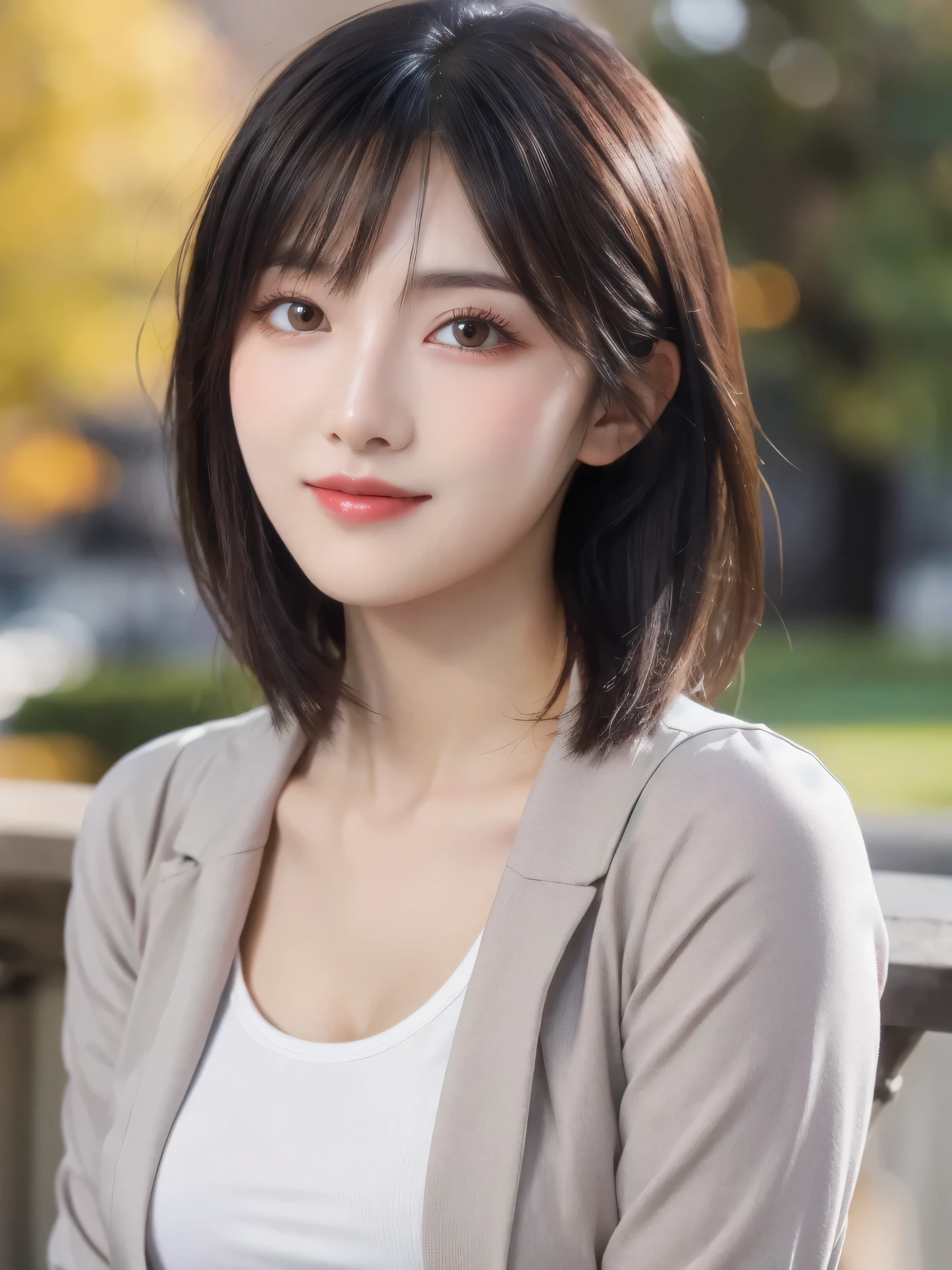 (8k, RAW Photo, Best Quality, Masterpiece:1.2), table top, Ultra Detail, Super Resolution, (Realistic, Realistic Photo:1.37), Portrait, High Detail RAW Color Photo, Professional Photo, Extremely Detailed and Beautiful, Extremely detailed, 8k wallpaper, amazing and detailed, huge file size, official art, highly detailed CG unity 8k wallpaper, highly detailed beautiful girl, highly detailed face, highly detailed eyes, highly detailed skin, highly detailed fingers, highly detailed nose, very detailed detailed mouth , perfect anatomy, highly detailed background, highly detailed clothes, (1 girl in), cute girl, realistic body, fair skin, glowing skin , slim body, handsome body, black hair , semilong hair, (blunt bangs:1.2), smile, cute, youthful, cute face, realistic face, delicate eyes, drooping eyes, looking at viewer, facing front, standing posture, Contraposto, (large breasts), (Perfect Body Proportions), (slender Body Proportions), super sexy pose,  (early fall fashion), 