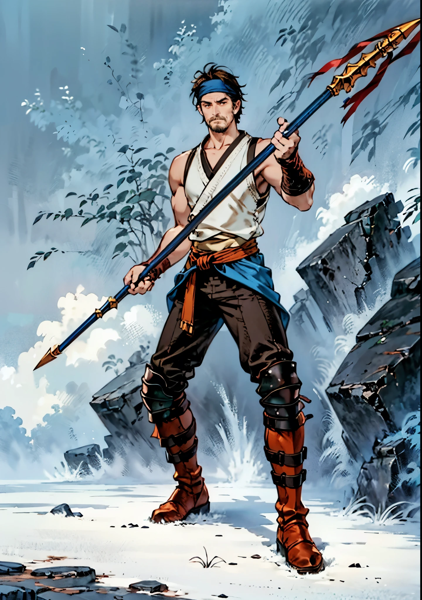 (masterpiece:1.2, best quality:1.2, extremely delicate:1.2), ((male:1.5)), a middle-aged man with short brown hair, a headband, a dignified face, mustaches and goatee beard, a fantasy martial arts style orange-yellow sleeveless vest, a sash wrapped around his waist, his arms are protected by cloth bracers, matching leather pants, shin guards, leather boots, he holds a long spear with a dragon-head design in both hands, standing in a training arena, this character embodies a finely crafted fantasy martial arts style spear-wielding guardian in anime style, exquisite and mature manga art style, dramatic, high definition, highres, ultra-detailed, ultra-fine painting, professional, perfect body proportions, golden ratio, anatomically correct, symmetrical face, extremely detailed eyes and face, high quality eyes, creativity, RAW photo, UHD, 32k, Natural light, cinematic lighting, (masterpiece-anatomy-perfect:1.2)