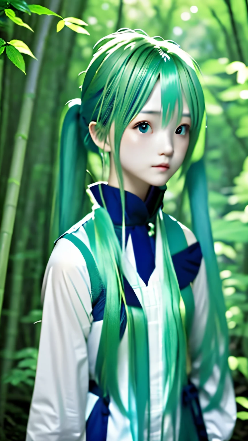 live-action、Real、RAW Photos、Blue green hair,dual horsetail,Adorable,Small eyes、Depression,Twin tails、Hatsune Miku、Official Art，Upper Body、profile、Unity 8K Wallpaper，Bamboo forest background、Very detailed，aesthetics，masterpiece，Best Quality，Realistic,Photo level、Best Quality、Best image quality、masterpiece、