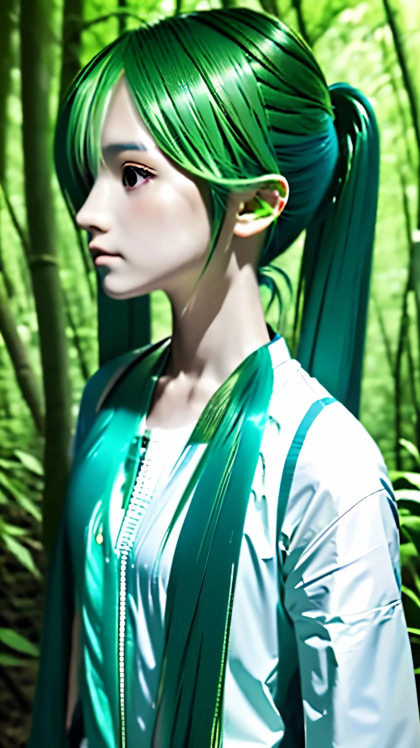 live-action、Real、RAW Photos、Blue green hair,dual horsetail,Adorable,Small eyes、Depression,Twin tails、Hatsune Miku、Official Art，Upper Body、profile、Unity 8K Wallpaper，Bamboo forest background、Very detailed，aesthetics，masterpiece，Best Quality，Realistic,Photo level、Best Quality、Best image quality、masterpiece、