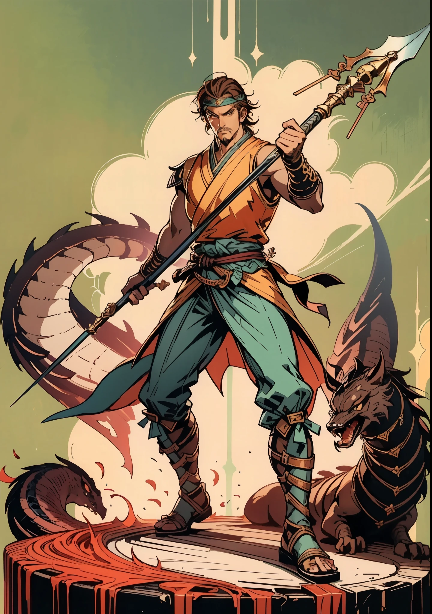 (masterpiece:1.2, best quality:1.2, extremely delicate:1.2), ((male:1.5)), a middle-aged man with short brown hair, a headband, a dignified face, mustaches and goatee beard, a fantasy martial arts style orange-yellow sleeveless vest, a sash wrapped around his waist, his arms are protected by cloth bracers, matching leather pants, shin guards, leather boots, he holds a long spear with a dragon-head design in both hands, standing in a training arena, this character embodies a finely crafted fantasy martial arts style spear-wielding guardian in anime style, exquisite and mature manga art style, dramatic, high definition, highres, ultra-detailed, ultra-fine painting, professional, perfect body proportions, golden ratio, anatomically correct, symmetrical face, extremely detailed eyes and face, high quality eyes, creativity, RAW photo, UHD, 32k, Natural light, cinematic lighting, (masterpiece-anatomy-perfect:1.2)