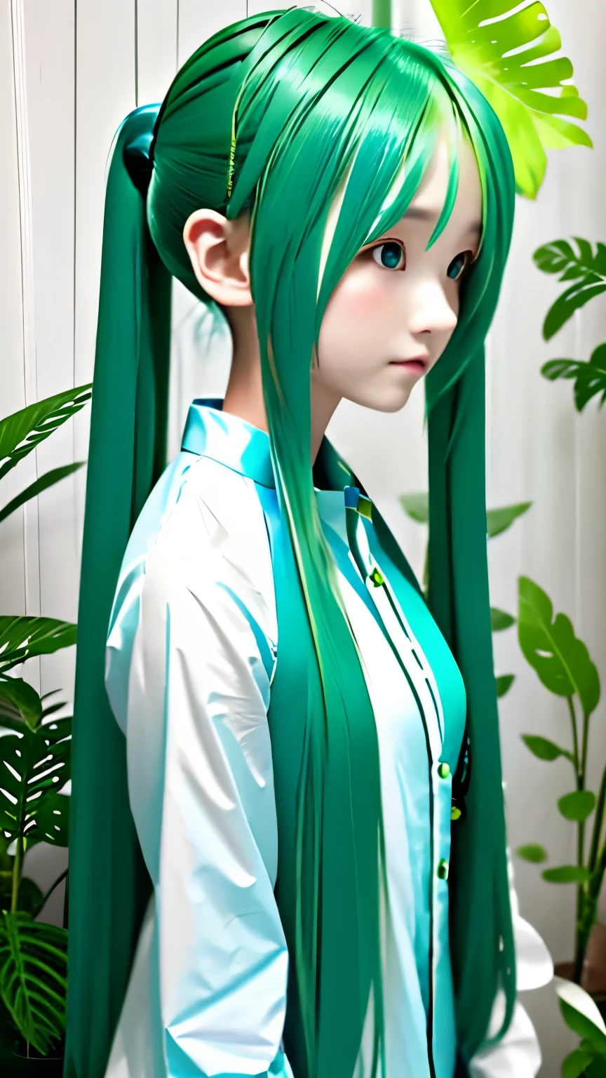 live-action、Real、RAW Photos、Blue green hair,dual horsetail,Adorable,Small eyes、Twin tails、Hatsune Miku、Official Art，Upper Body、profile、Unity 8K Wallpaper，Houseplant background、Very detailed，aesthetics，masterpiece，Best Quality，Realistic,Photo level、Best Quality、Best image quality、masterpiece、