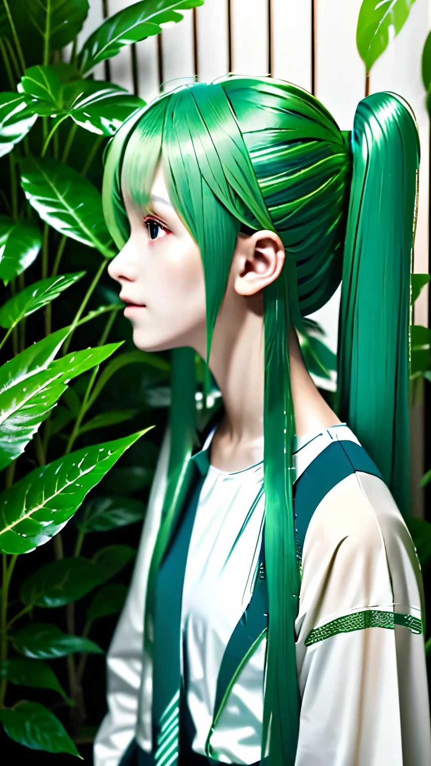 live-action、Real、RAW Photos、Blue green hair,dual horsetail,Adorable,Small eyes、Twin tails、Hatsune Miku、Official Art，Upper Body、profile、Unity 8K Wallpaper，Houseplant background、Very detailed，aesthetics，masterpiece，Best Quality，Realistic,Photo level、Best Quality、Best image quality、masterpiece、