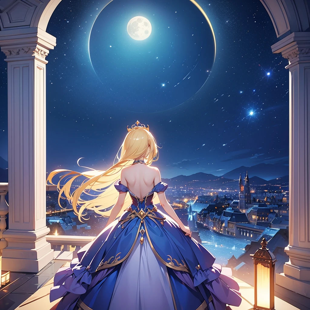 Blonde woman in a blue dress, Beautiful fantasy maiden, Detailed fantasy art, Beautiful fantasy art, Blonde Princess, artgerm is on artstation and pixiv, Beautiful maiden, ((Beautiful fantasy empress)), 2. 5D CGI Anime Fantasy Artwork, Fantasy art style, Detailed digital anime art, Fantasy style art、Best Quality, Night view、Stay on the balcony、Watching the moon、full moon、Anxious expression、Put your hands on the handrail、Rear view、Backless dress