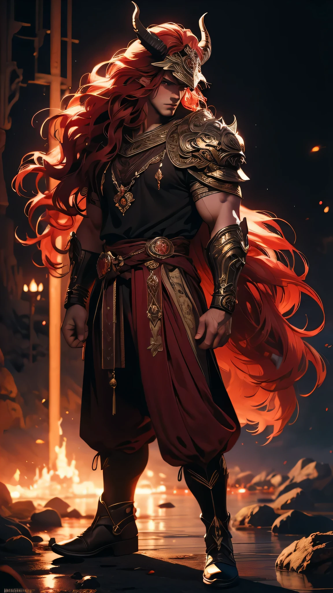 ((masterpiece)), envision a 8k, highres, cinematic, semi realistic, detailed, full body pinup of a strong boy, strong face, handsome face, muscular body, long wavy red hair  hair, brown eyes, horned helmet, tall, (((1boy))), in dark lighting, against a dark background