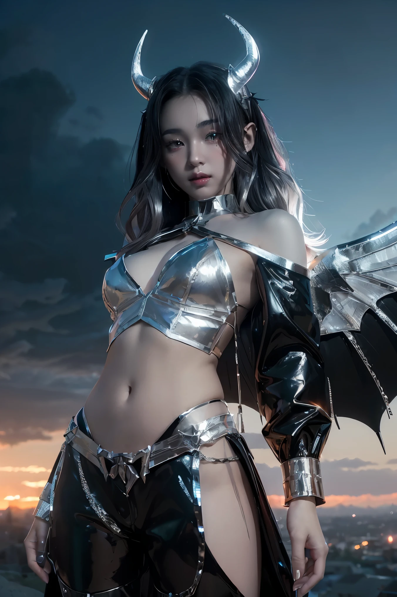 ((masterpiece, best quality, extremely detailed), volumetric lighting, ambient occlusion, colorful, glowing), 
1girl, solo, young girl, (dark hair), long hair, horns, aura, devilish, goddess, cleric suit, (black outfit with silver detailst:1.3), devil wings,
outdoors, sunset, sky, clouds, space, (fantasy theme:1.2),